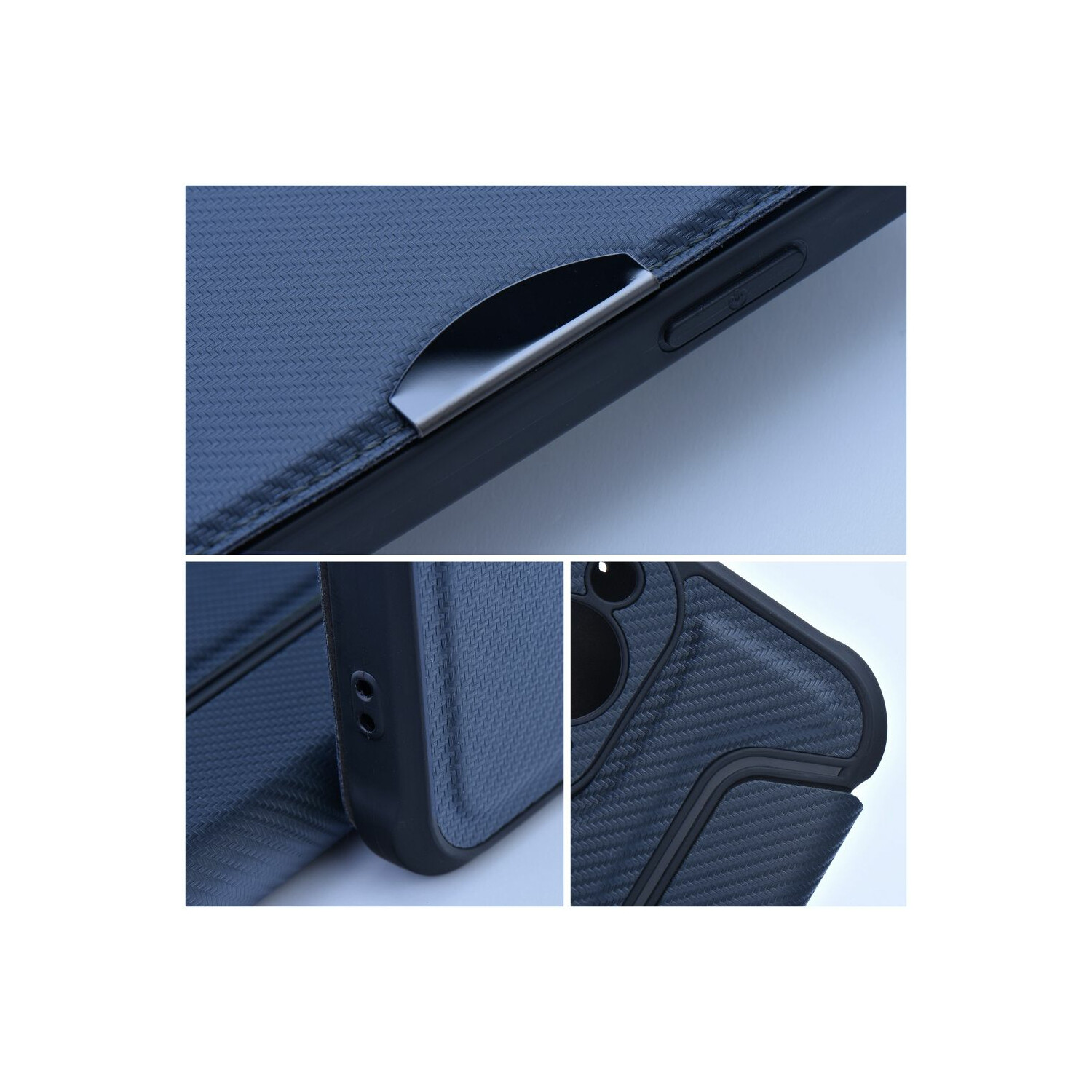 Primo piano di una custodia per telefono blu scuro con un pulsante argentato. Superficie strutturata e cuciture visibili.