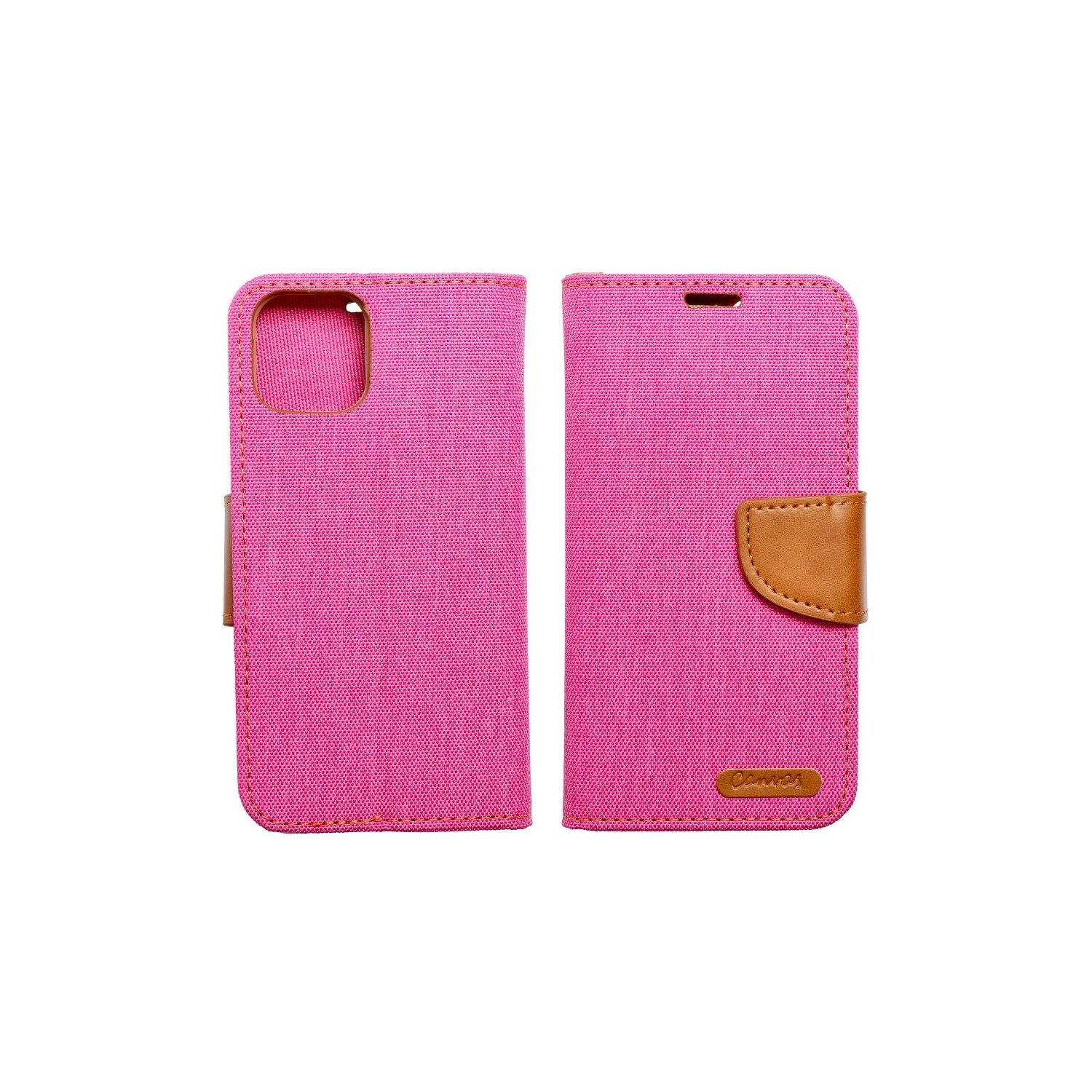 Custodia per telefono rosa in posizione aperta e chiusa. La custodia ha una chiusura marrone.
