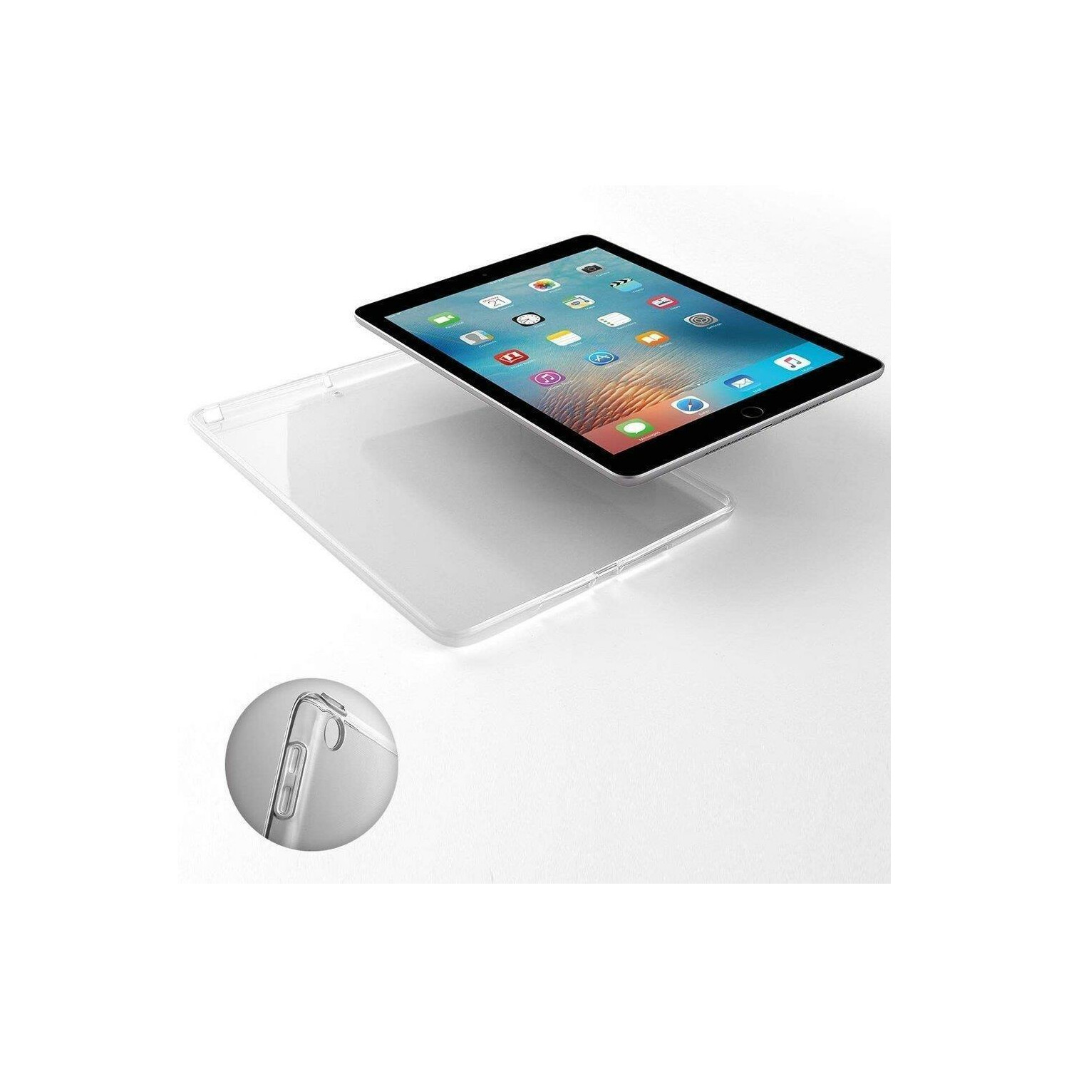 Ein Tablet über einer transparenten Hülle mit einem kleineren Hüllendetail. Zeigt App-Symbole auf weißer Oberfläche.