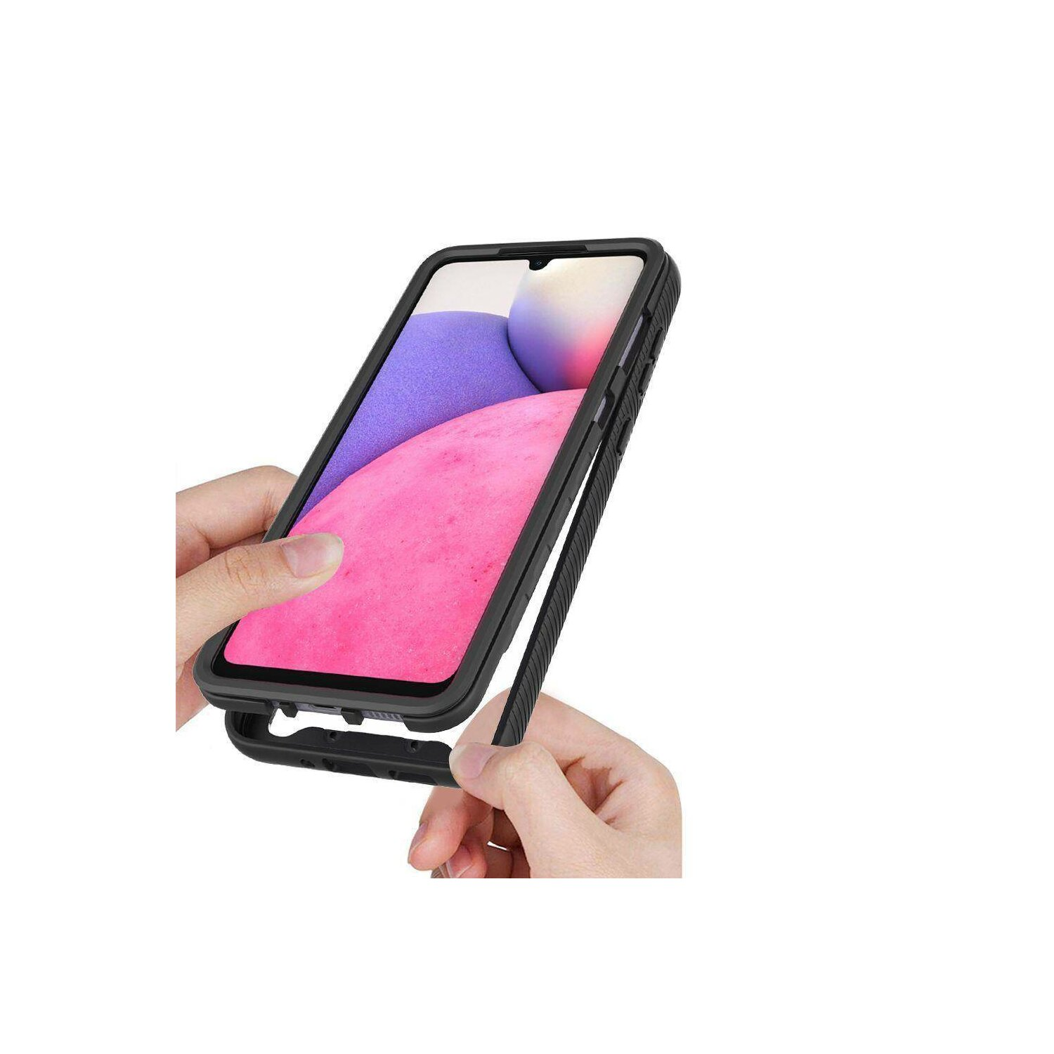 Hände halten eine schwarze Handyhülle und zeigen ein Telefon. Die Hülle ist geöffnet, das Telefon sichtbar.