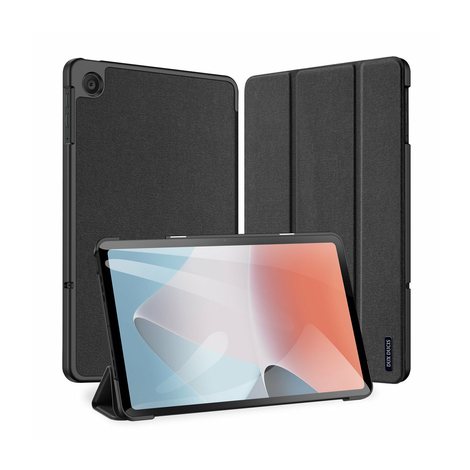 Schwarze Tablethülle. Die Hülle kann gefaltet werden, um ein Tablet zu stützen.