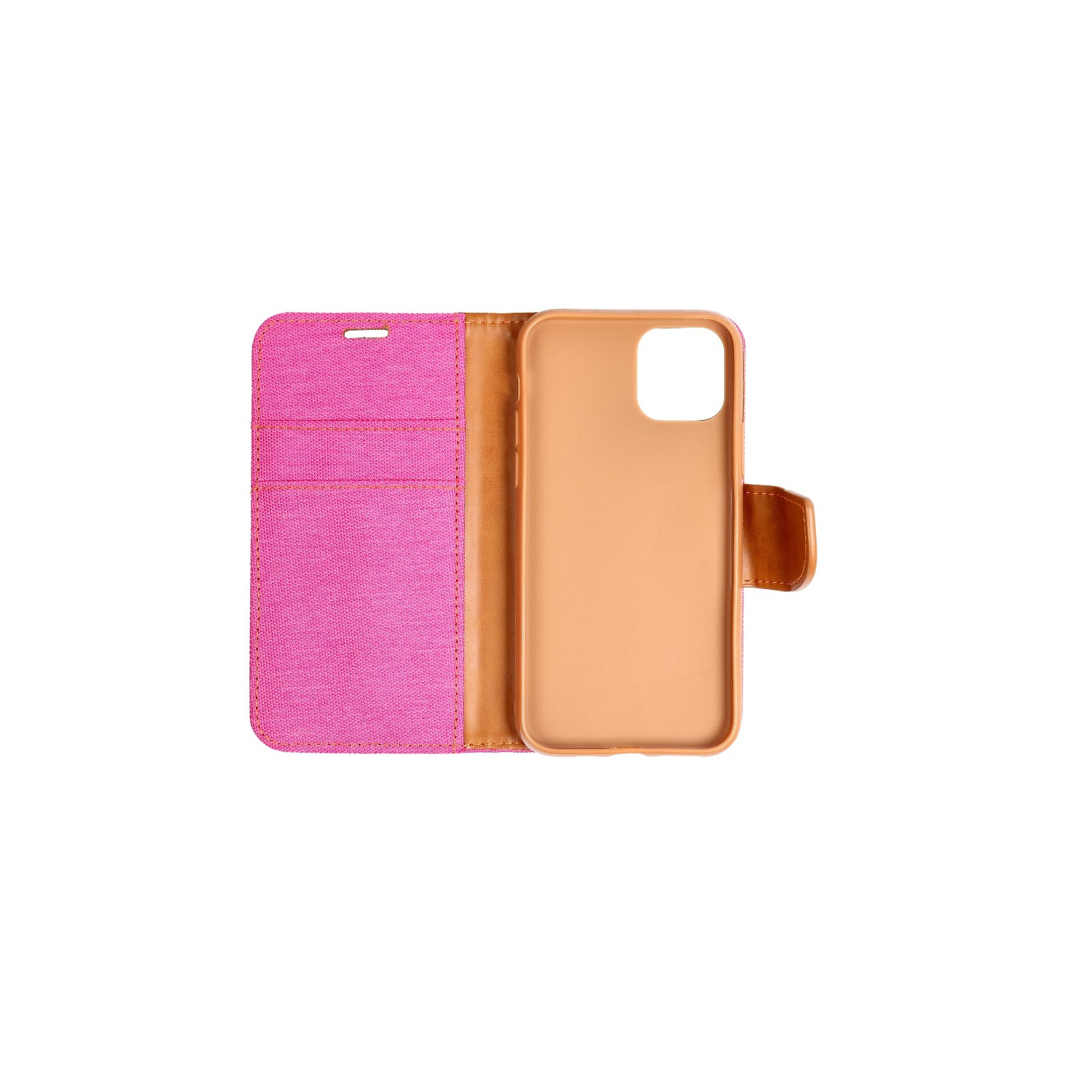 Custodia per telefono, aperta. Rosa all'interno, marrone all'esterno. Mostra lo spazio del telefono e le fessure per le carte.