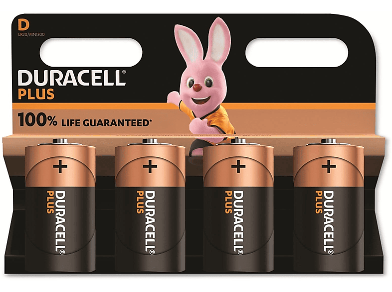 DURACELL Alkaline-Mono-Batterie LR20, 1.5V, Plus, 4 Stück Alkaline Batterie