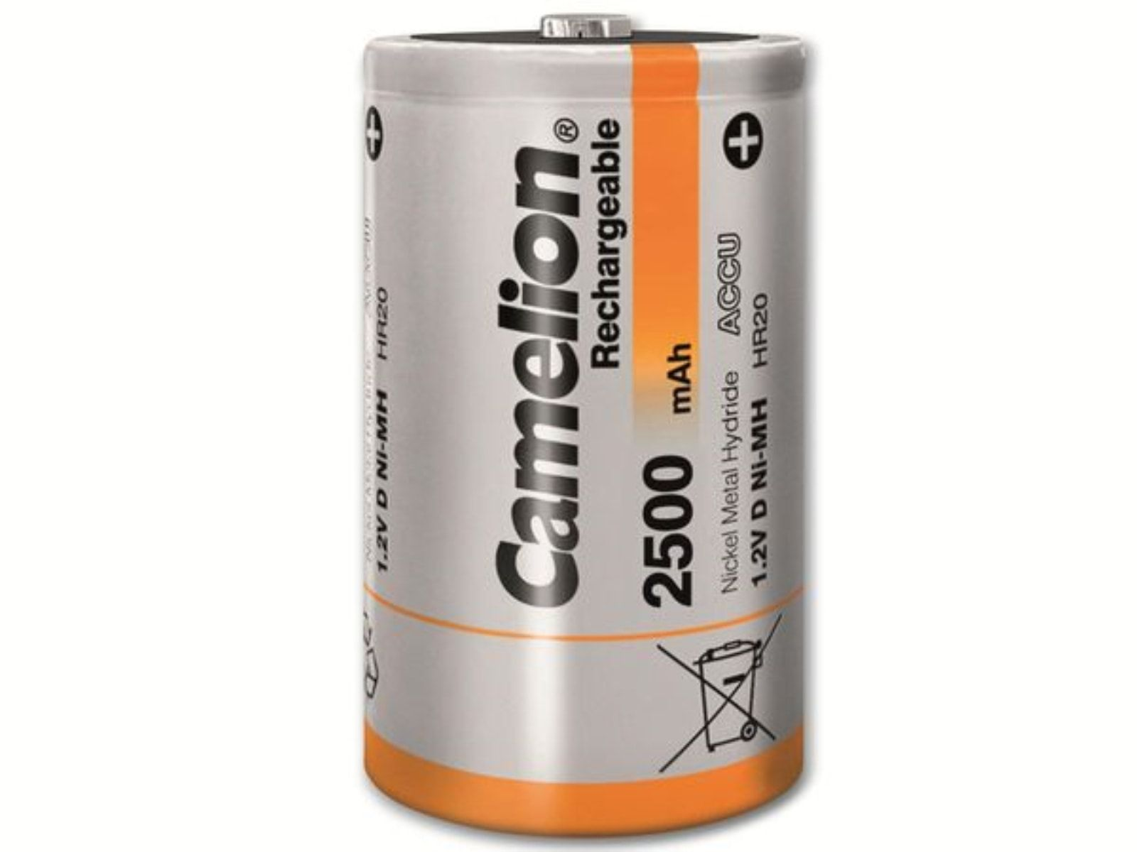 Cylindryczny akumulator z napisem: Camelion, 2500 mAh i innymi szczegółami.