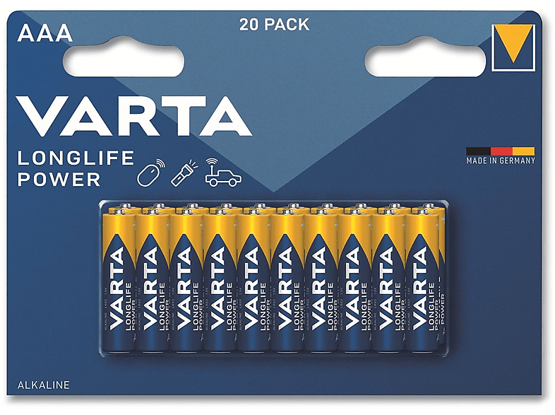 VARTA Batterie Alkaline, Power, LR03, Micro, Alkaline AAA, 20 Batterien Stück 1.5V, Longlife