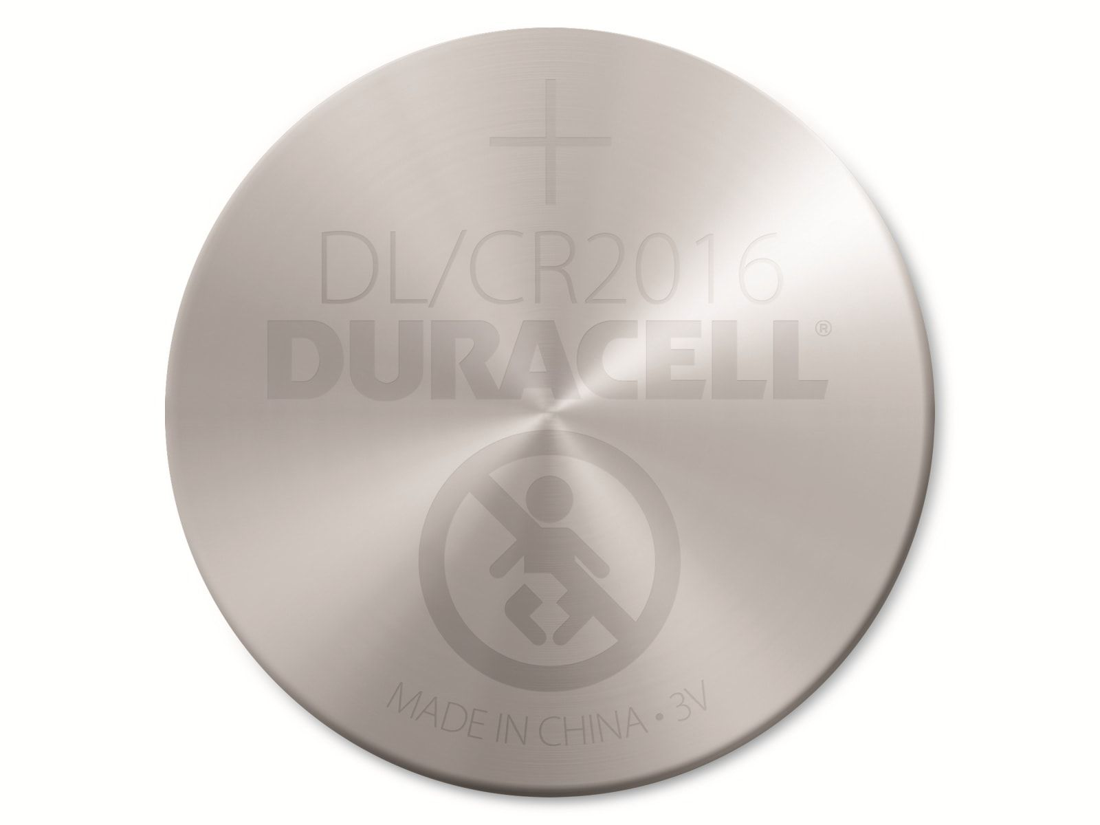 Eine Duracell DL/CR2016 Batteriezelle, mit einem Warnsymbol und einer 3V Markierung.