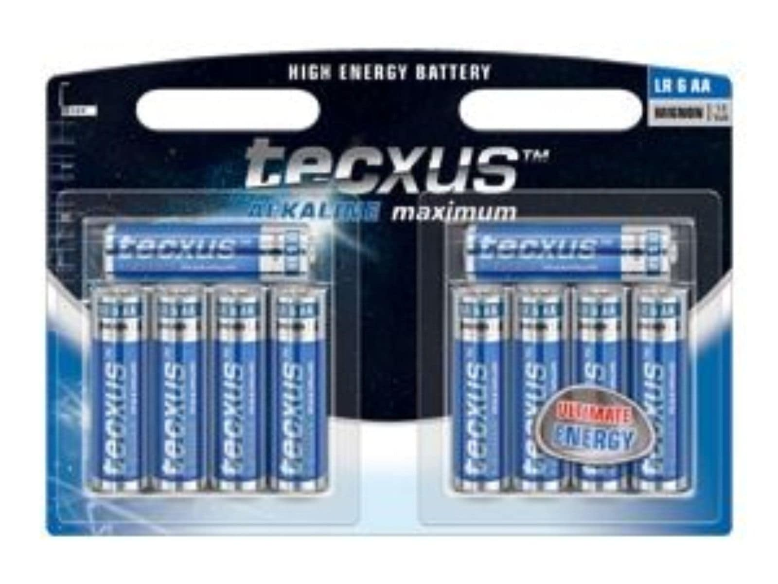 Confezione di batterie alcaline AA. Sfondo bianco.