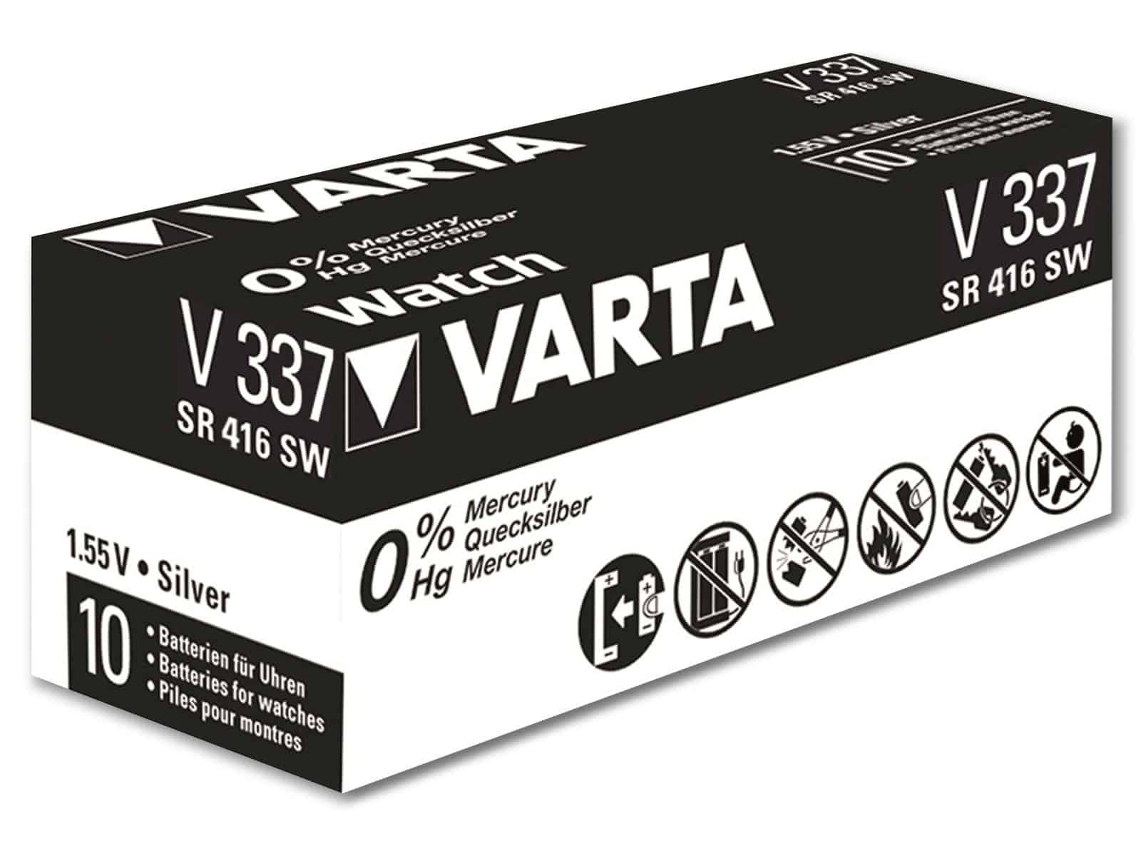 VARTA Knopfzelle Silver Oxide, 337 1.55V, SR416, 10 8 Stück mAh Silberoxid Zelle