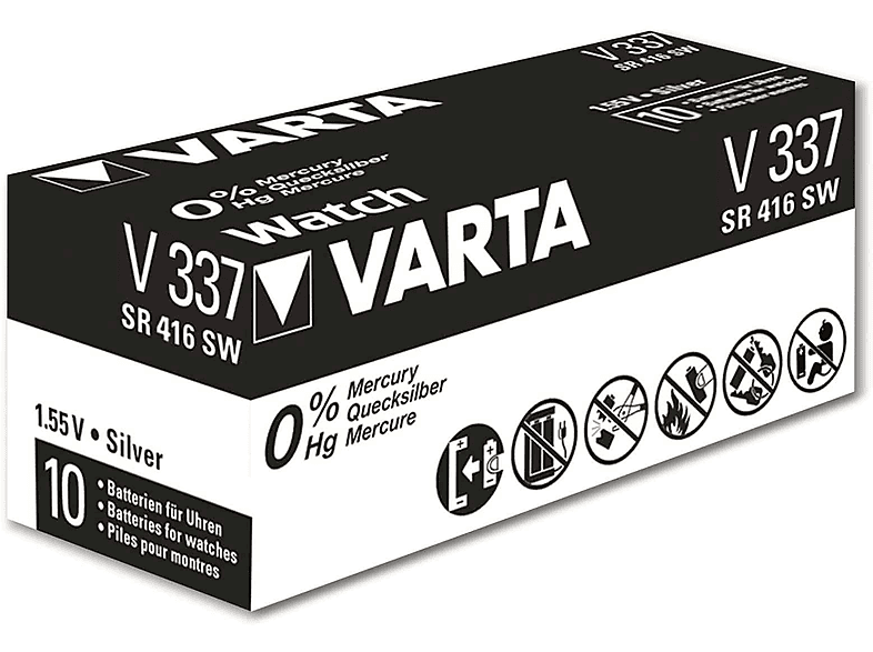 VARTA Knopfzelle Silver Oxide, 337 1.55V, SR416, 10 8 Stück mAh Silberoxid Zelle