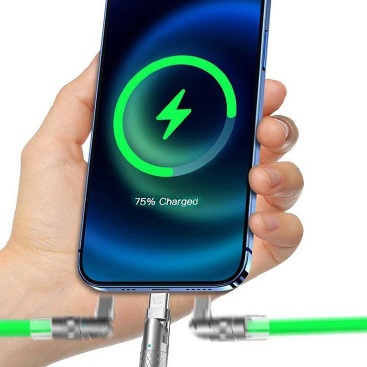 Hand, die ein Smartphone mit 75% Ladung hält, verbunden mit Ladekabeln mit grünen Lichtern.