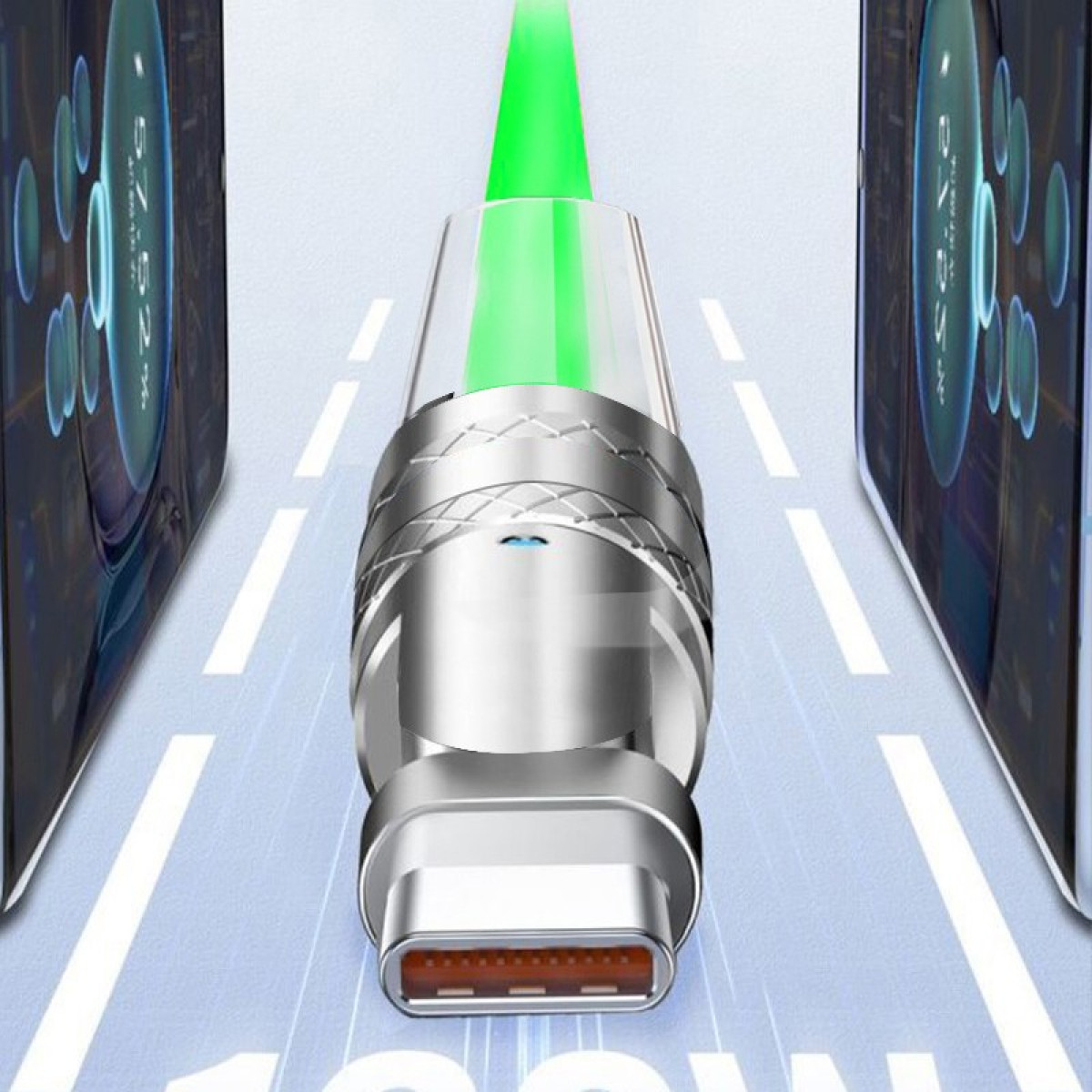Ein silbernes Kabel mit grünem Licht, das mit einem roten USB-C-Anschluss und einem weißen Straßenhintergrund verbunden ist.