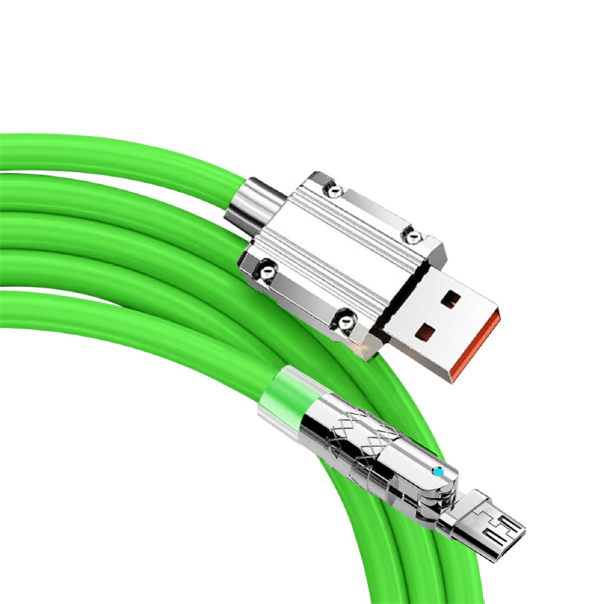 Grünes USB-Kabel mit silbernen Anschlüssen, weißer Hintergrund.