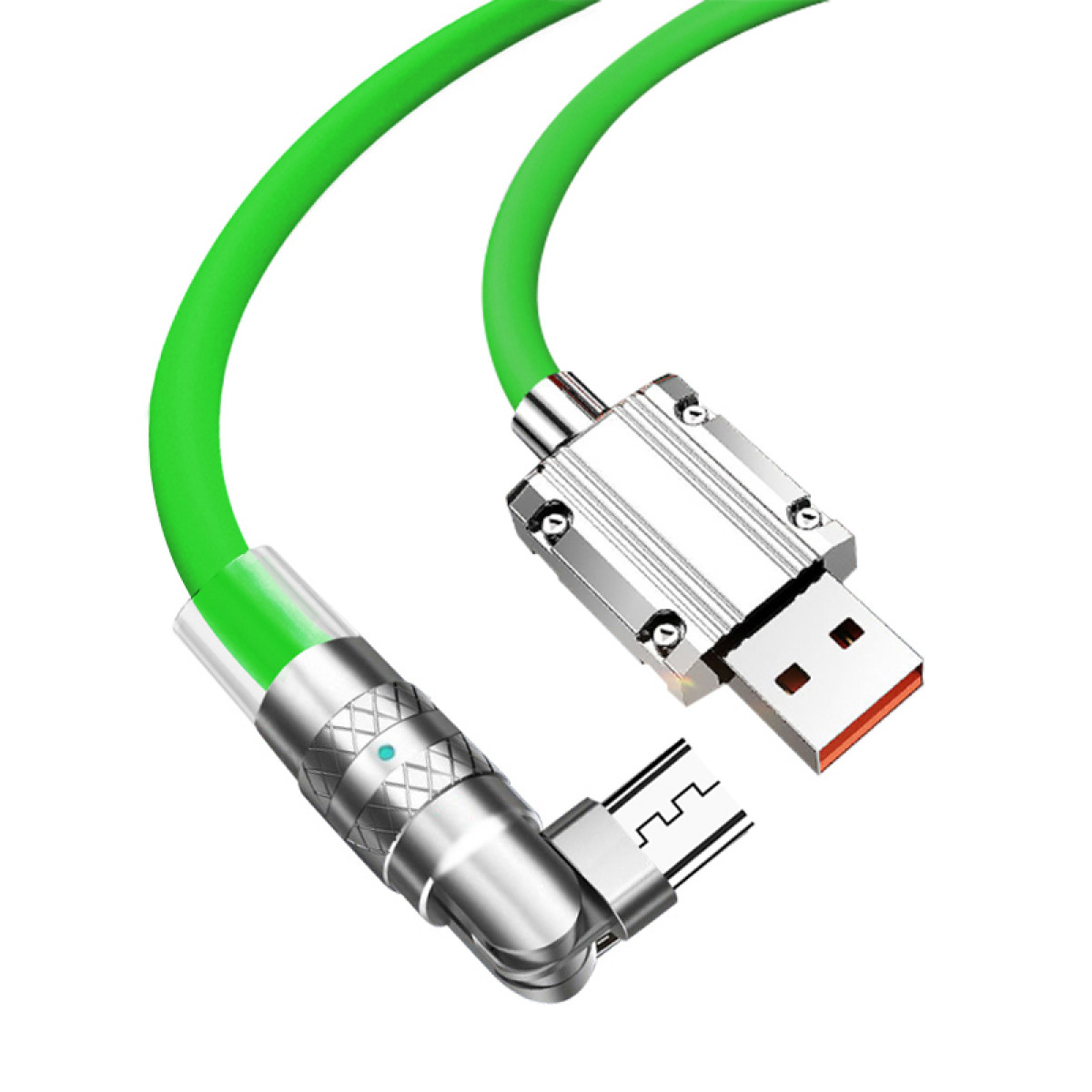 Ein grünes Ladekabel mit einem USB- und Micro-USB-Anschluss, schräg vor weißem Hintergrund.