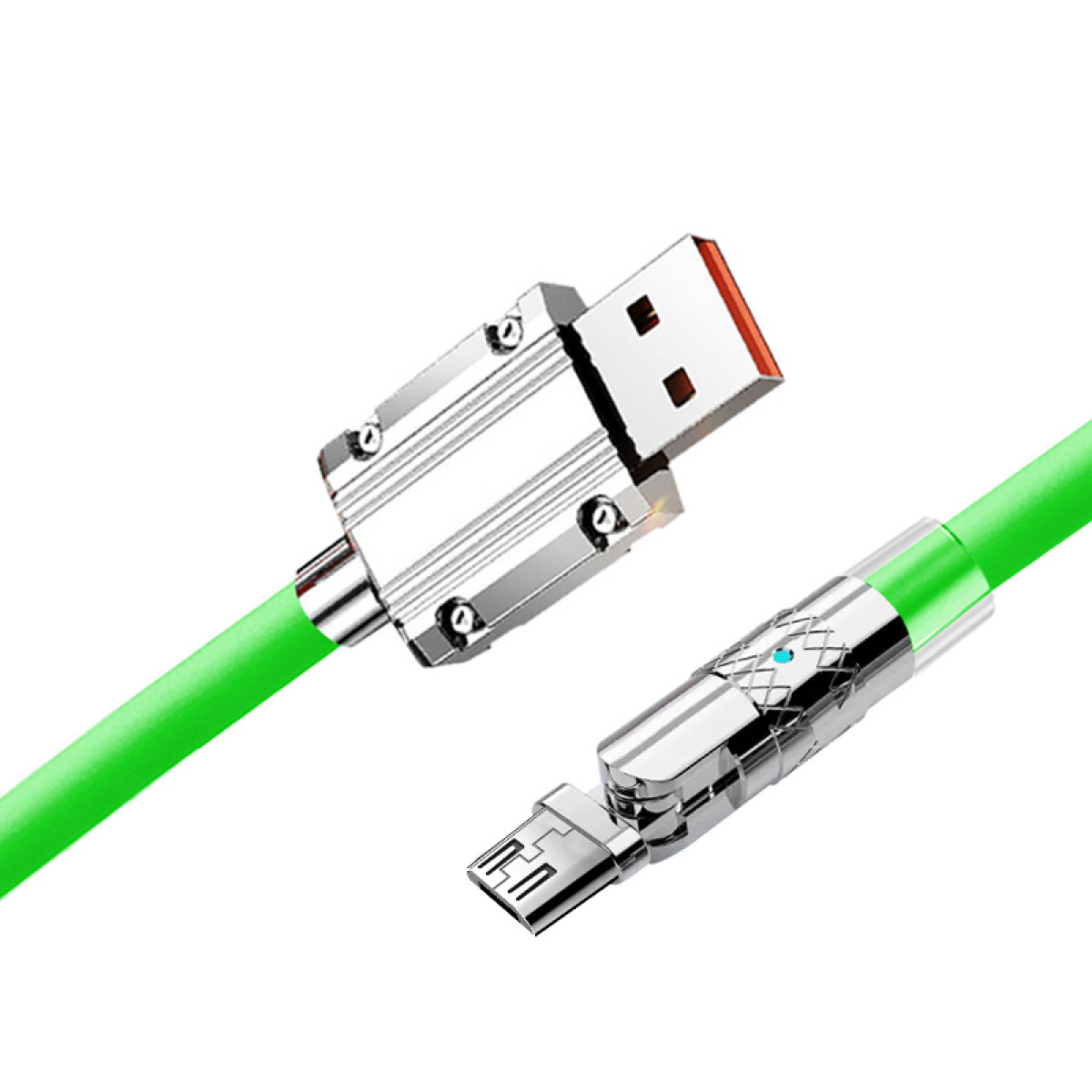 Grünes USB-Kabel mit Metallanschlüssen und USB-A- und Micro-USB-Ende, vor weißem Hintergrund.