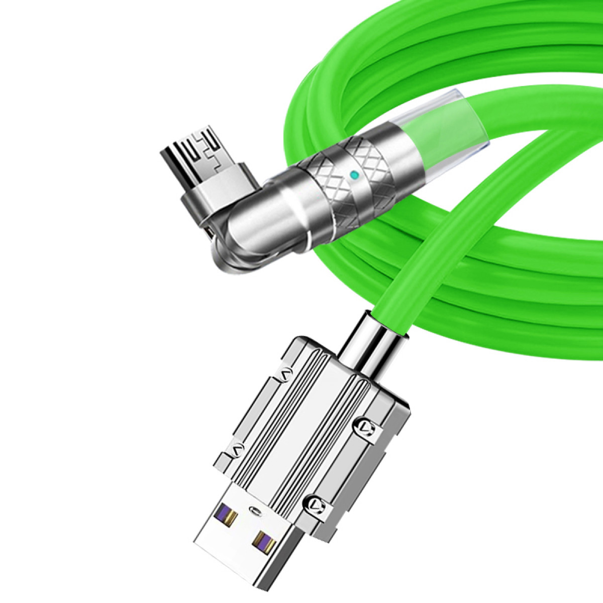 Grünes USB-Kabel mit USB- und Micro-USB-Anschlüssen, abgewinkeltem Micro-USB. Weißer Hintergrund.