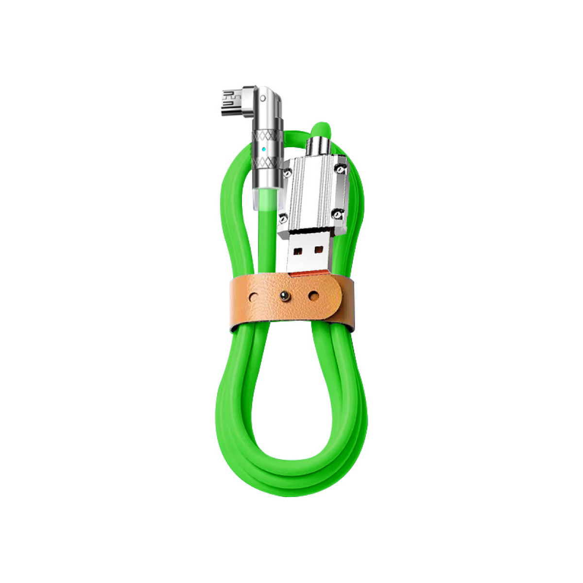 Grünes Ladekabel mit Lederband. USB und andere Anschlüsse sichtbar.