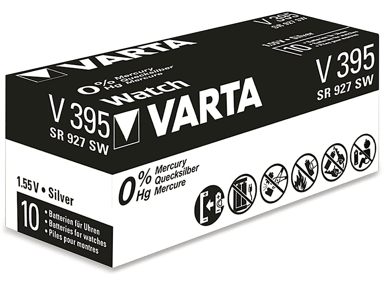 VARTA Knopfzelle Silver Oxide, 395 SR57,  1.55V, 10 Stück Silberoxid Uhrenbatterie