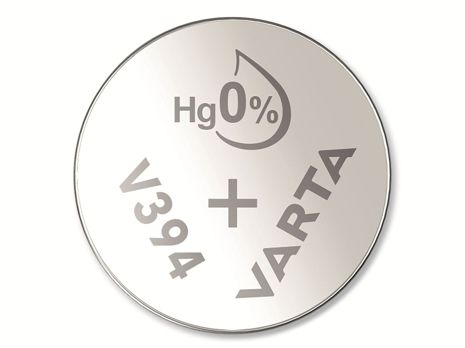 Pila VARTA argentata con testo 'Hg 0%' e 'V394 + VARTA', su sfondo bianco.