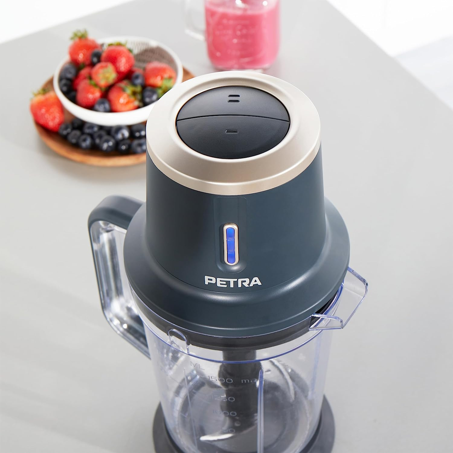 Dunkelgrauer Food-Processor mit silbernem Deckel und einer mit Erdbeeren gefüllten Schüssel.