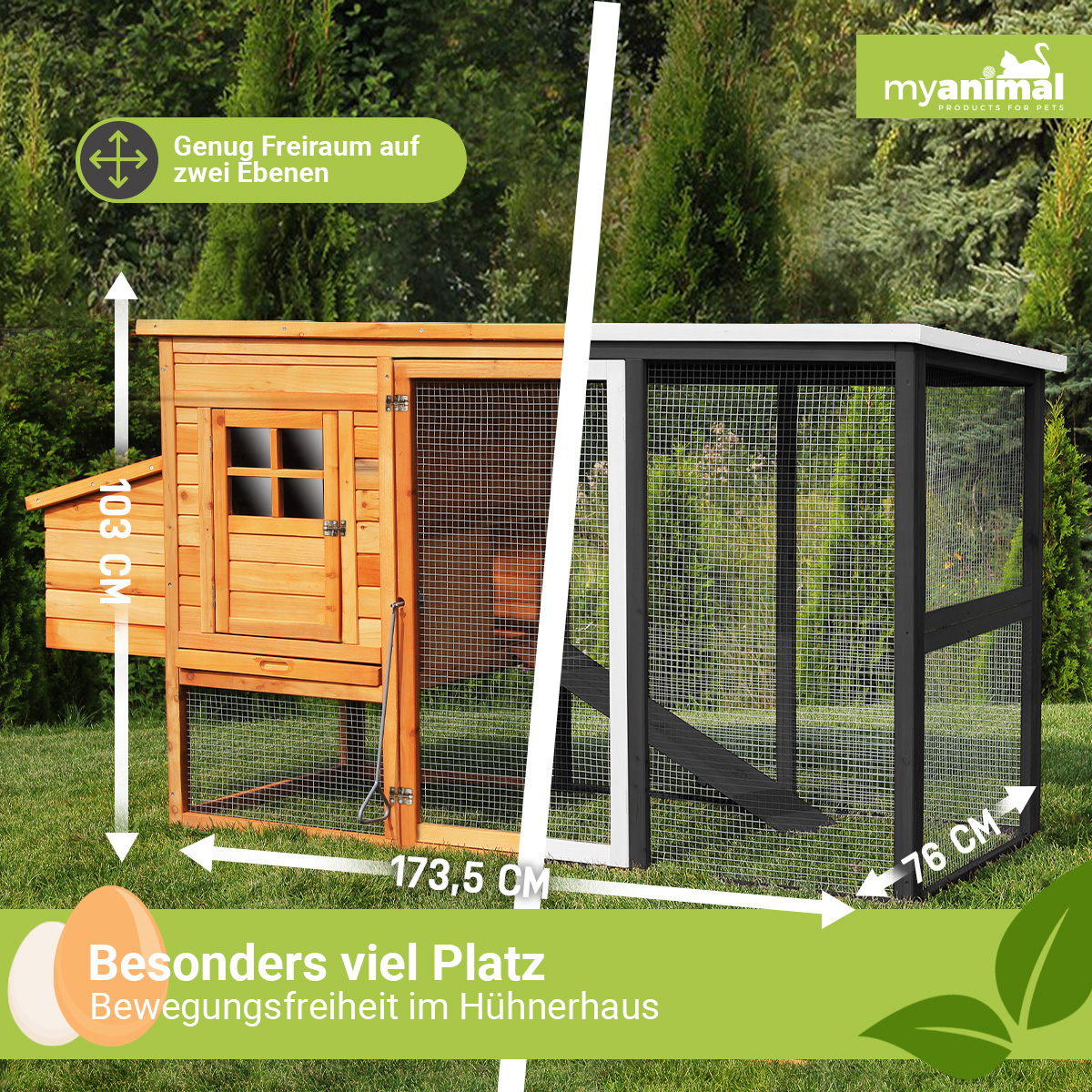 Hühnerstall aus Holz. Es hat ein Haus und einen eingezäunten Bereich. Grüner Hintergrund.