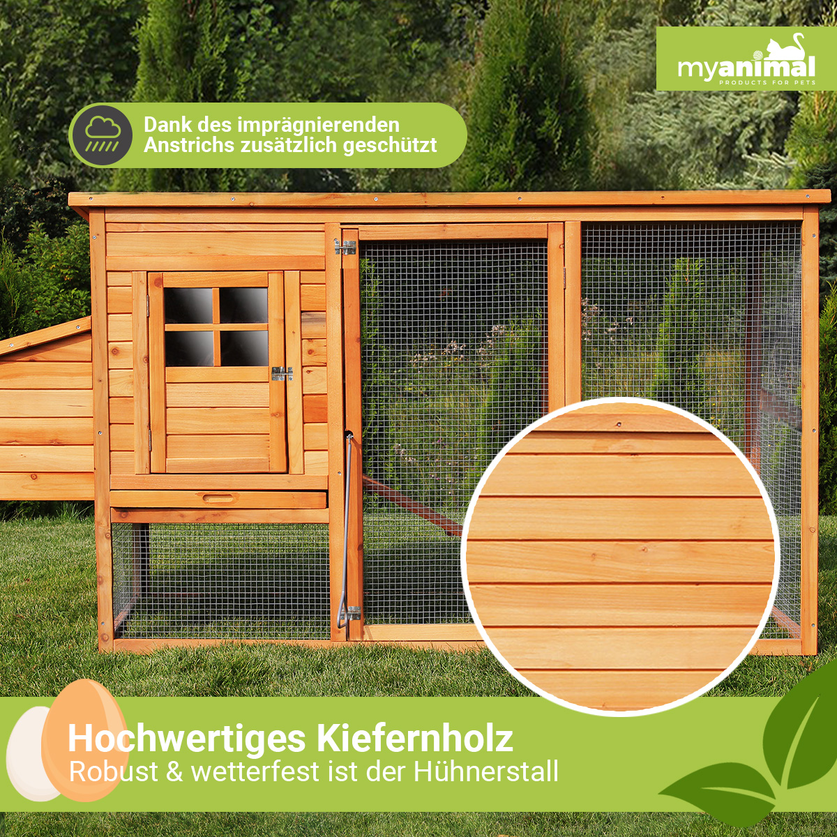 Hühnerstall aus Holz in einer grasbewachsenen Gegend mit Produkttext.