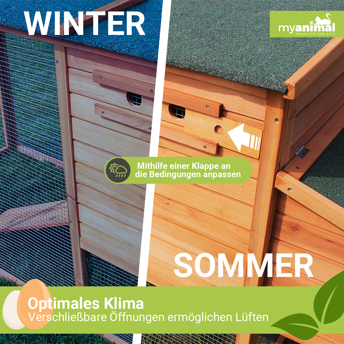 Hölzerner Hühnerstall geteilt, Winter und Sommer. Text weist auf Klimakontrolle mit verstellbaren Öffnungen hin.