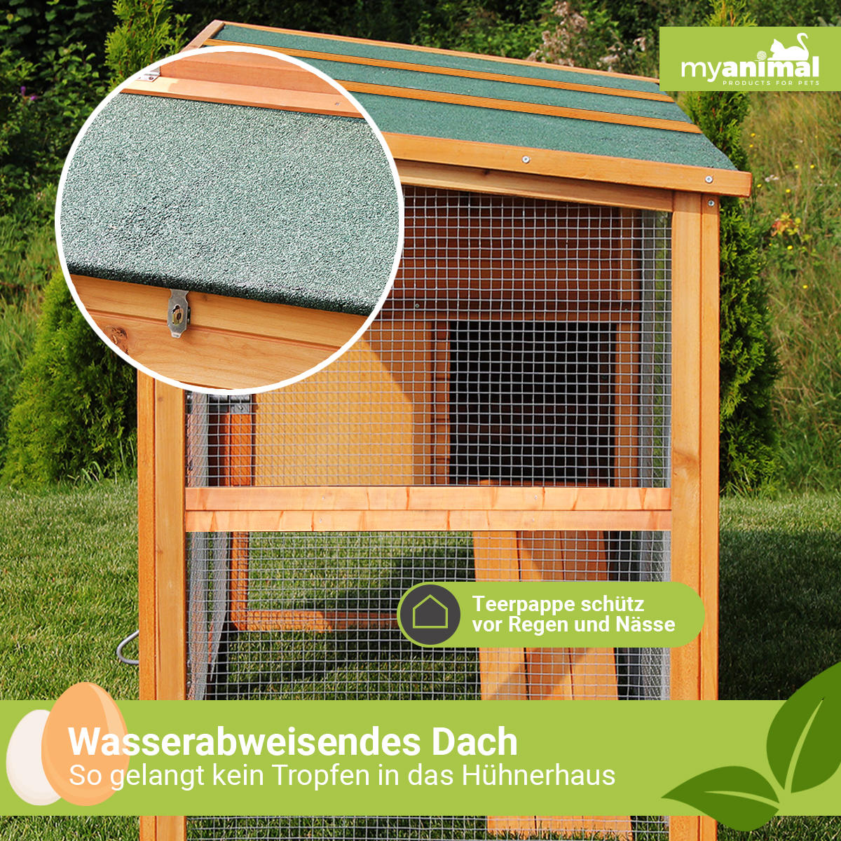 Hühnerstall aus Holz mit grünem Dach. Er hat eine Tür aus Drahtgeflecht und ein Schild mit der Aufschrift 'wasserabweisendes Dach'.