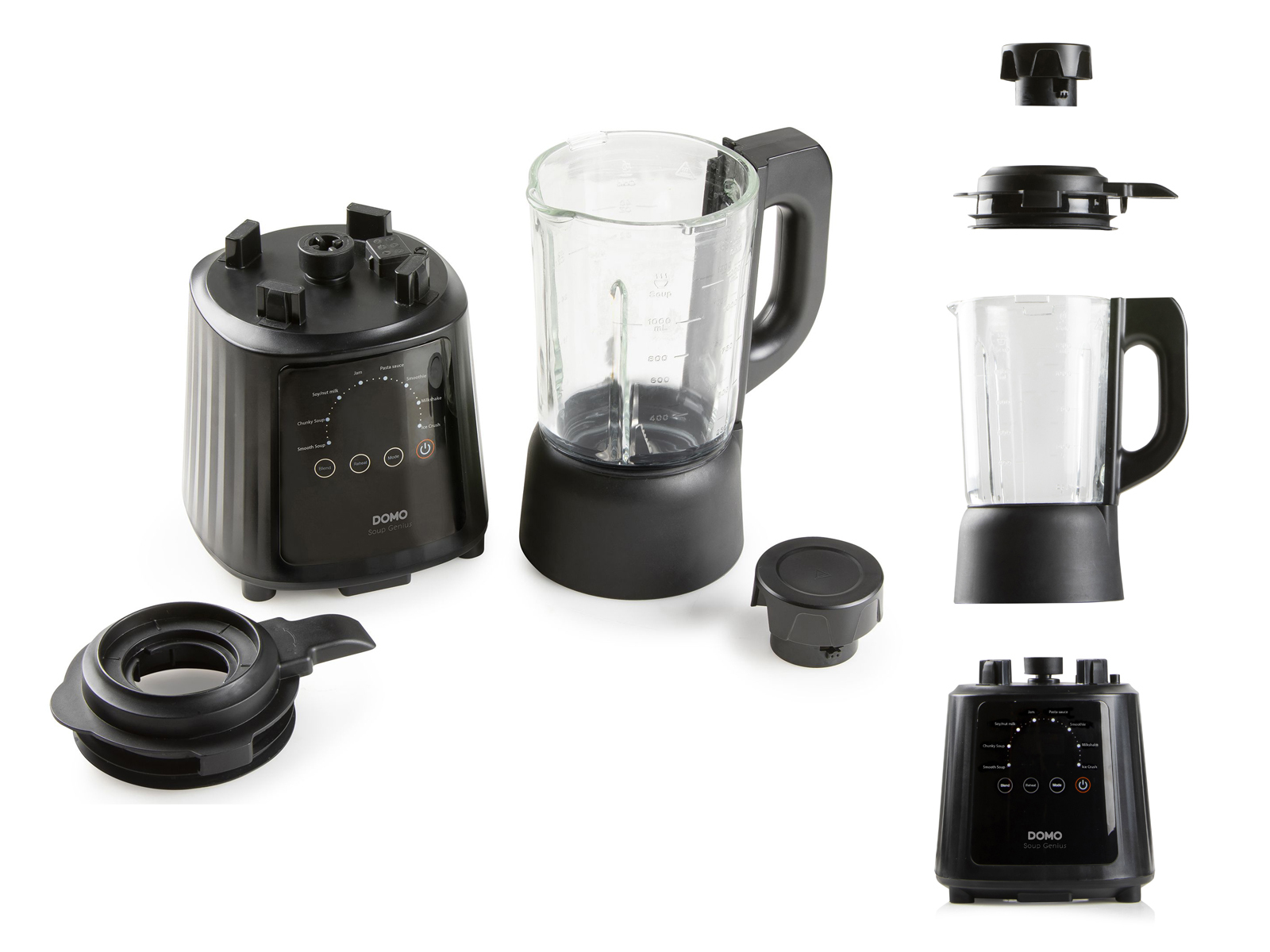 Schwarzer Mixer und seine Teile, einschließlich Glasbehälter, Sockel und Deckel. Verschiedene Komponenten.