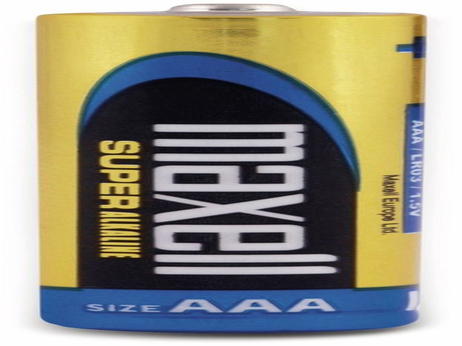 Żółta bateria Maxell AAA z czarno-niebieską etykietą.