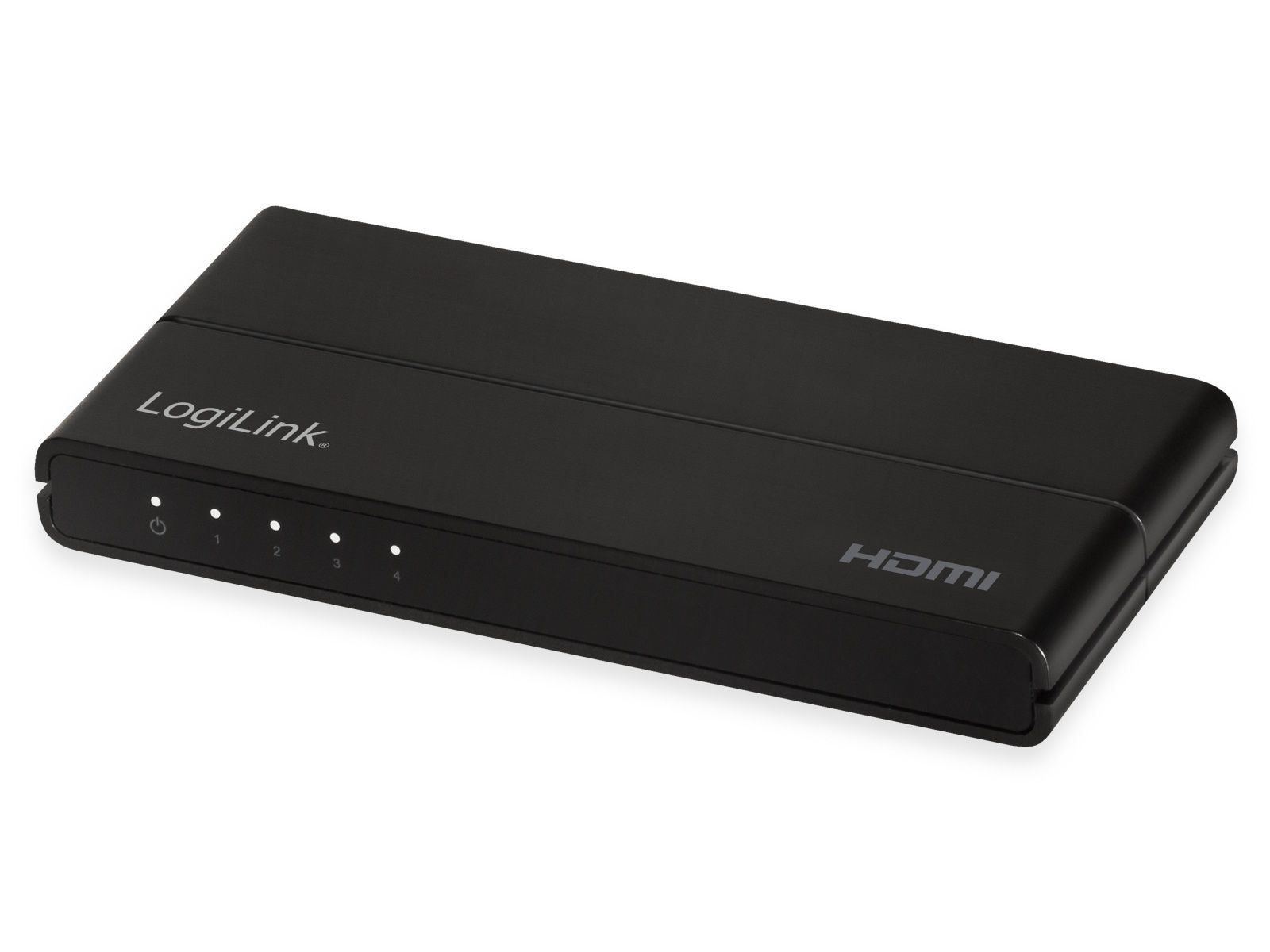 Schwarzer LogiLink HDMI-Switch mit vier nummerierten Anschlüssen und einer Betriebsanzeige.