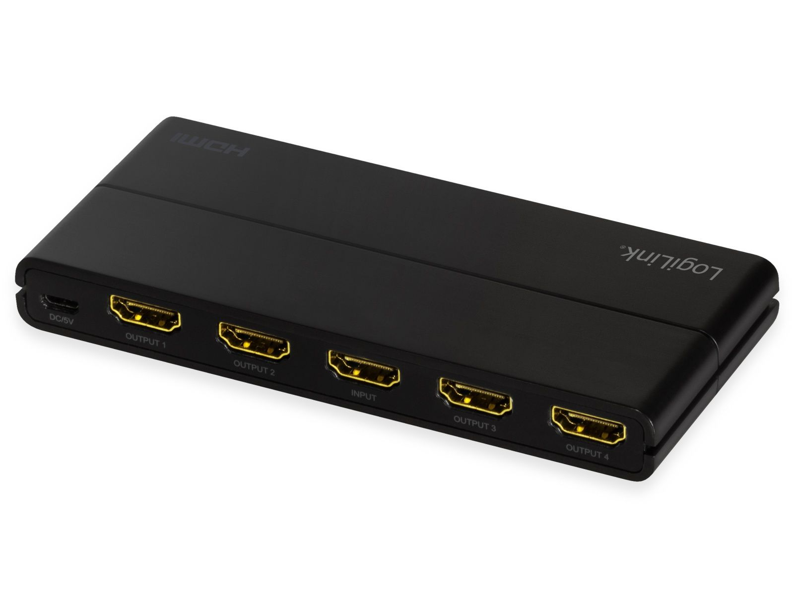 Schwarzer HDMI-Switch mit mehreren Anschlüssen, beschriftet mit 'Output' und 'Input'.