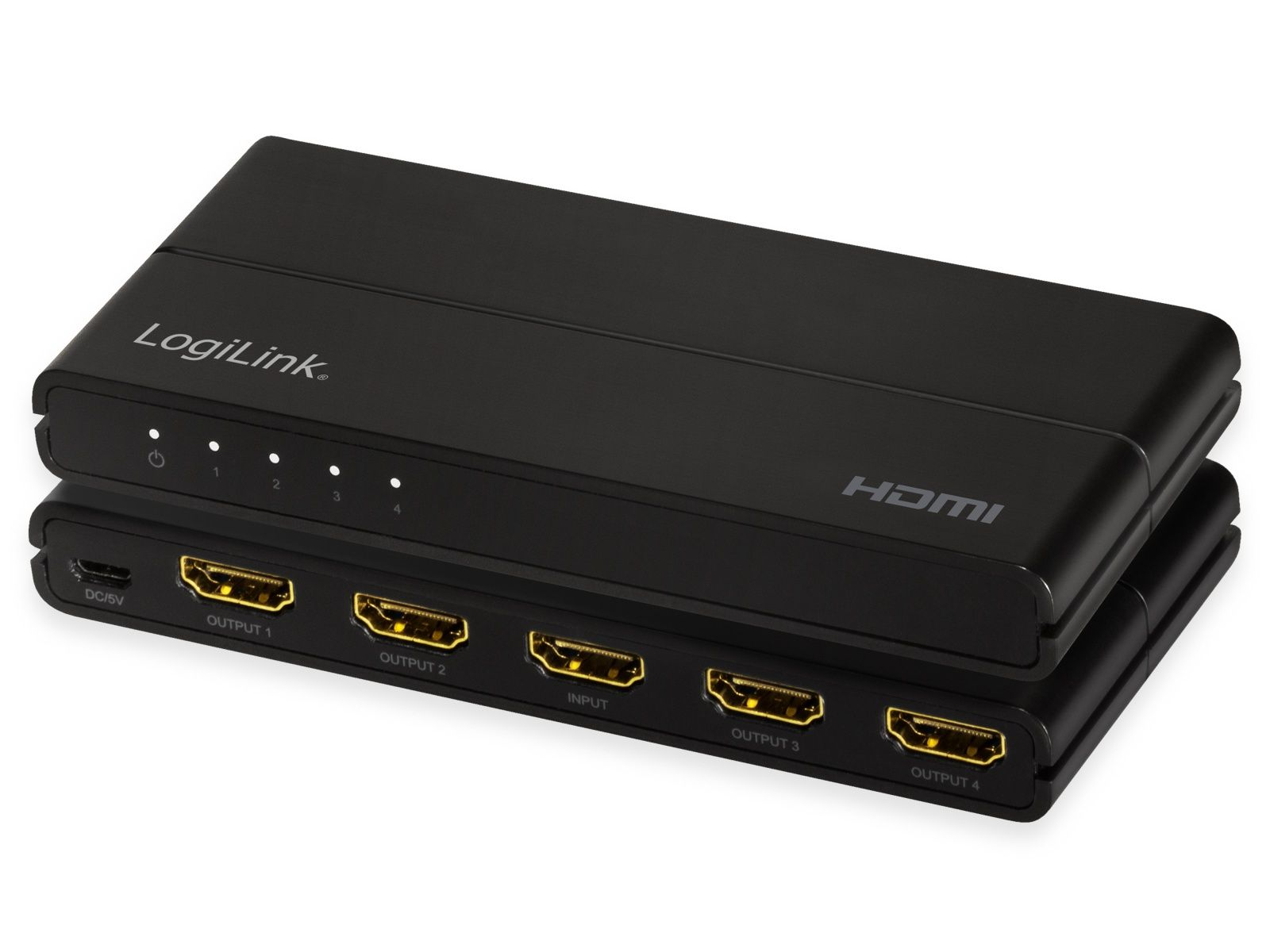 Schwarzer HDMI-Switch mit vier HDMI-Anschlüssen. Auf weißem Hintergrund. Das Produkt wird von oben gesehen.