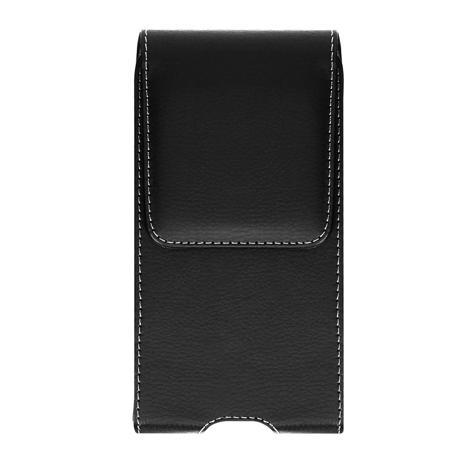 Schwarze Leder-Handyhülle mit weißen Nähten und Klappenverschluss.