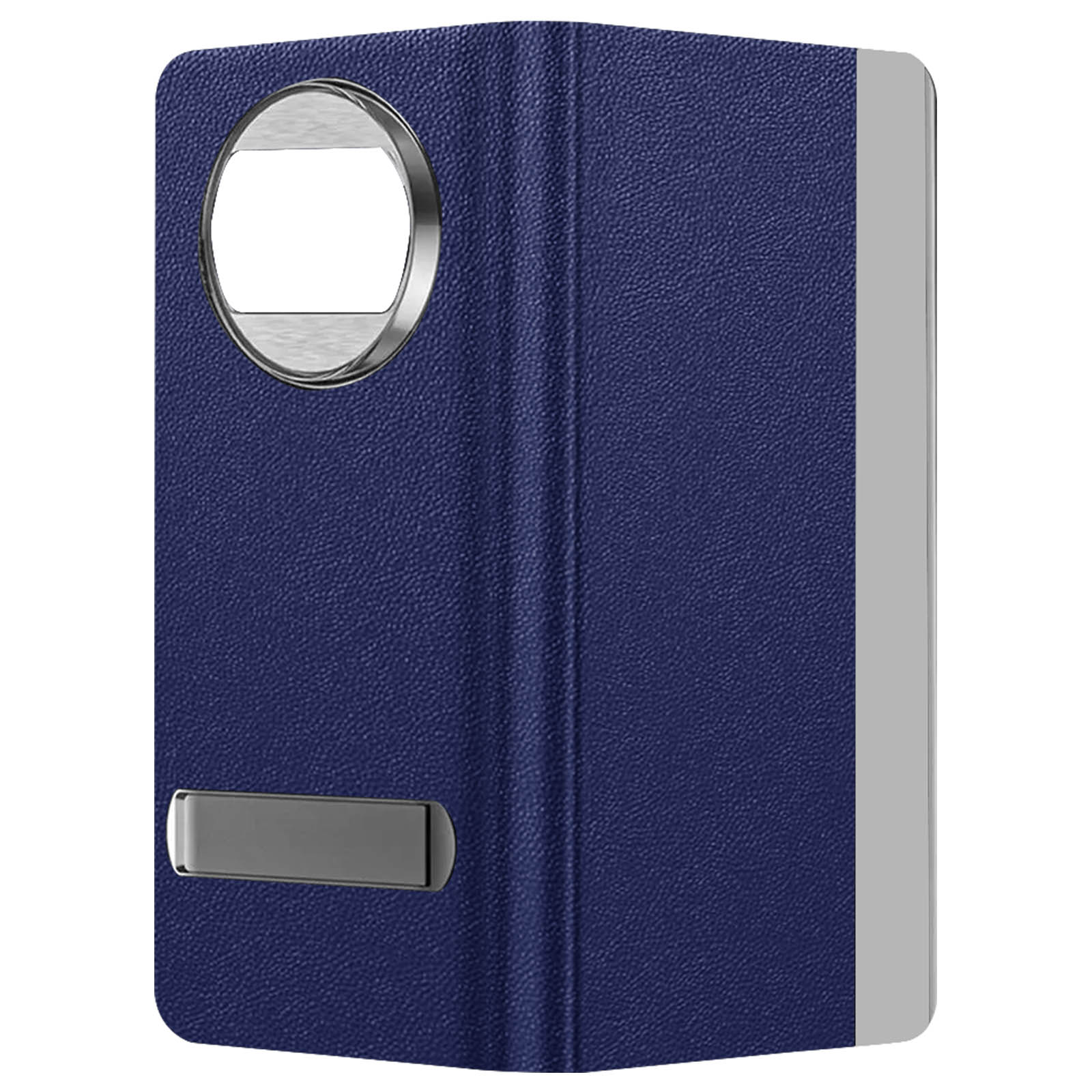 Eine blaue Leder-Handyhülle mit Silberring und Silberständer.