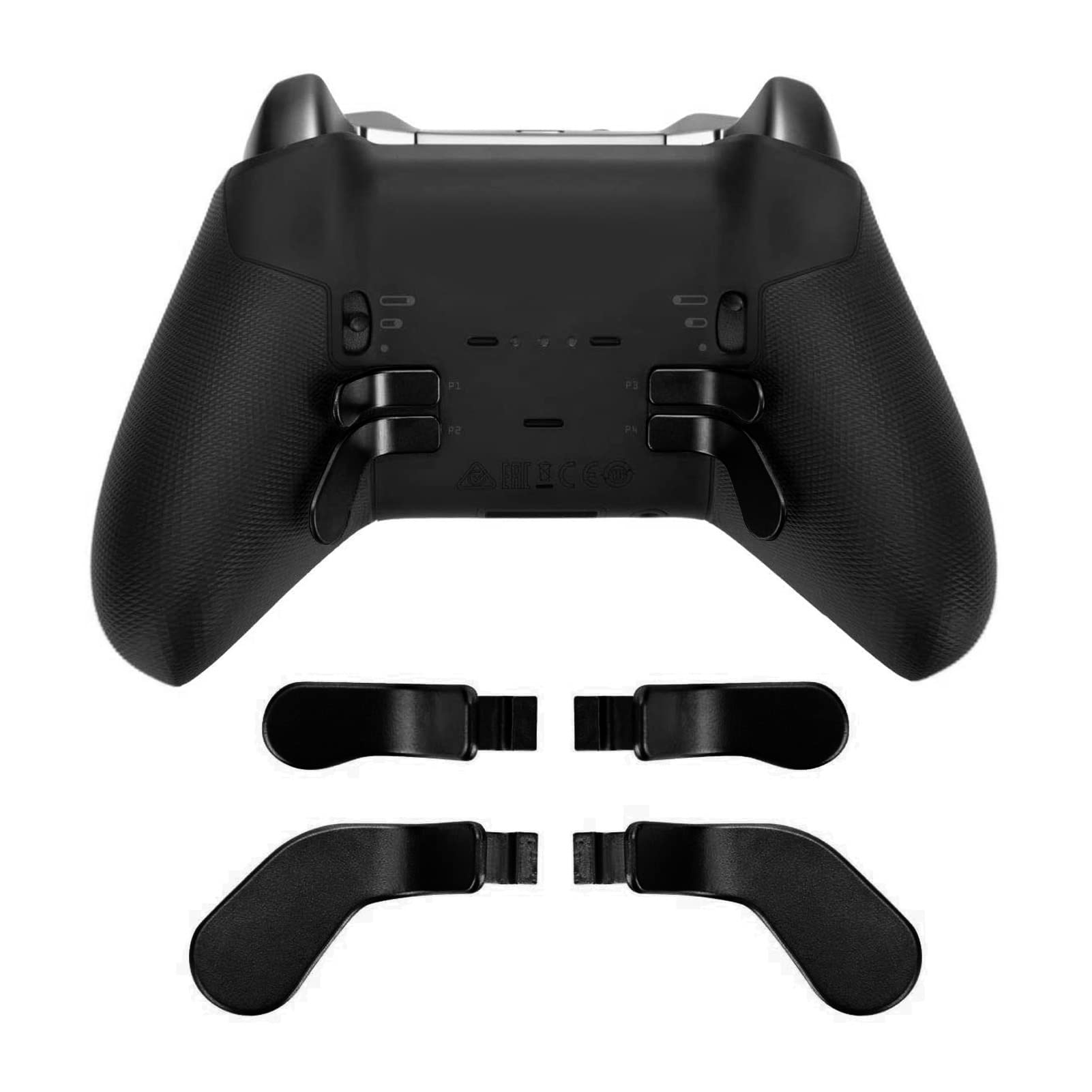 Rückansicht eines schwarzen Gamecontrollers mit zusätzlichen Knopfbefestigungen.