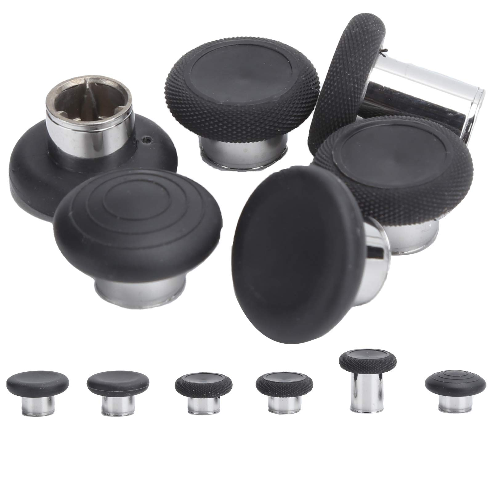 Poignées de pouce noires pour joystick. Six poignées sont présentées, certaines avec des bases chromées.
