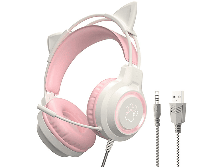 KINSI Headset,Gaming-Headset mit Katzenohren,Geräuschunterdrückung Over-Ear-Kopfhörer, Over-ear Kopfhörer rosa