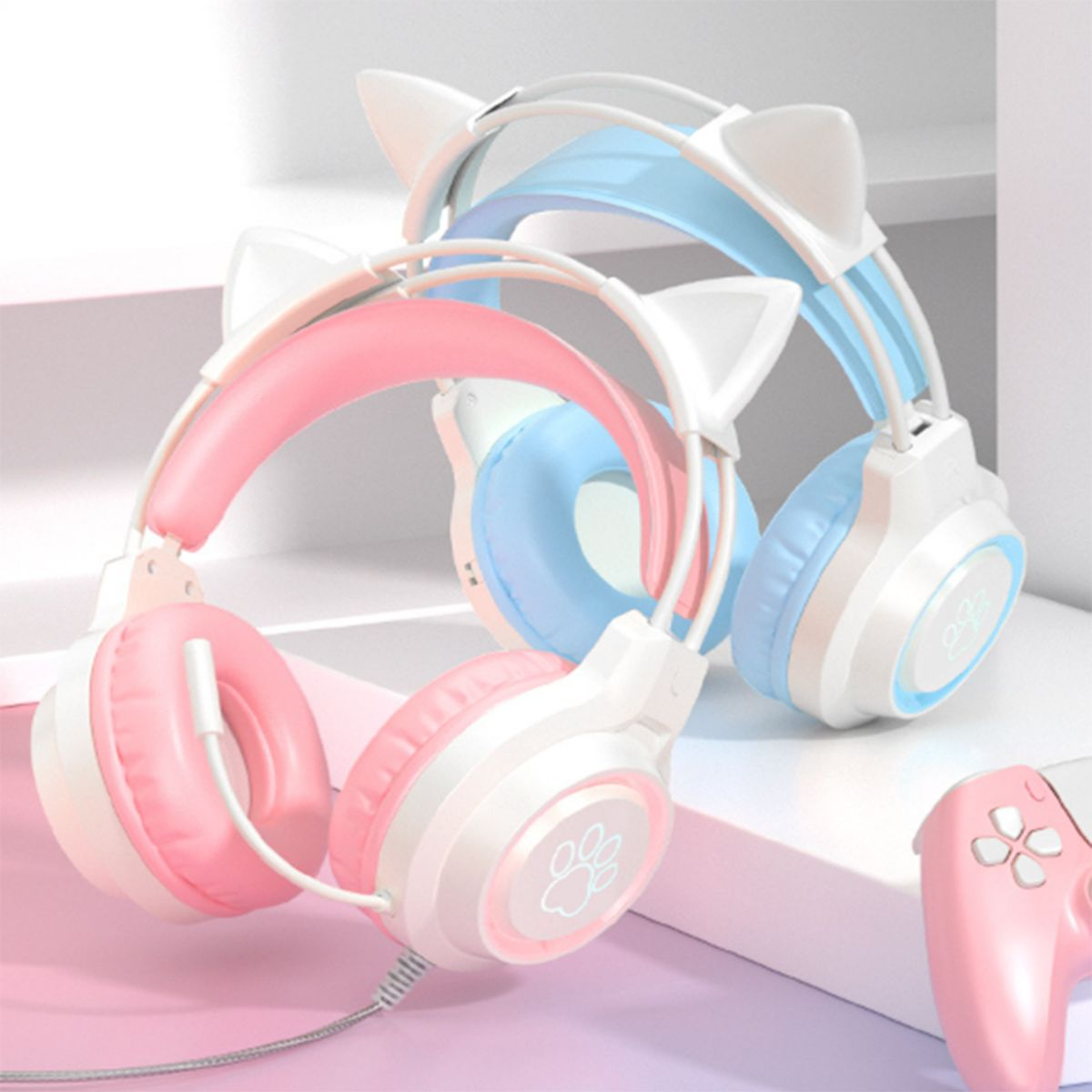 Over-ear Headset,Gaming-Headset Over-Ear-Kopfhörer, KINSI Katzenohren,Geräuschunterdrückung Kopfhörer mit rosa