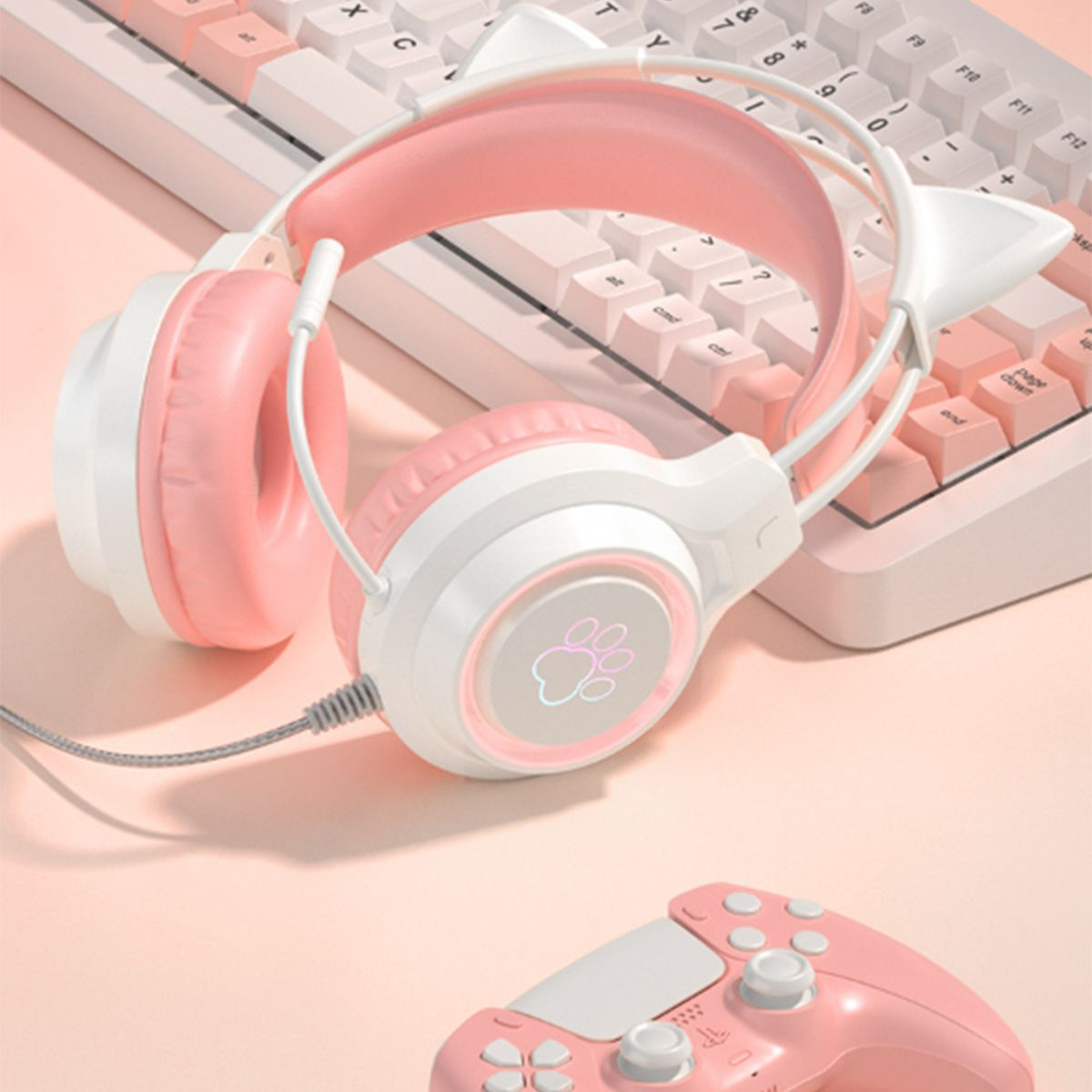 KINSI Headset,Gaming-Headset mit Over-Ear-Kopfhörer, Katzenohren,Geräuschunterdrückung Kopfhörer rosa Over-ear