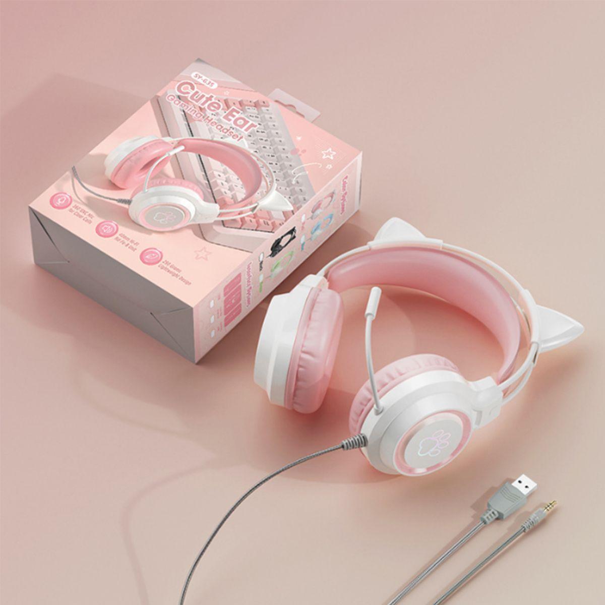 KINSI Headset,Gaming-Headset mit Katzenohren,Geräuschunterdrückung Over-Ear-Kopfhörer, Over-ear rosa Kopfhörer