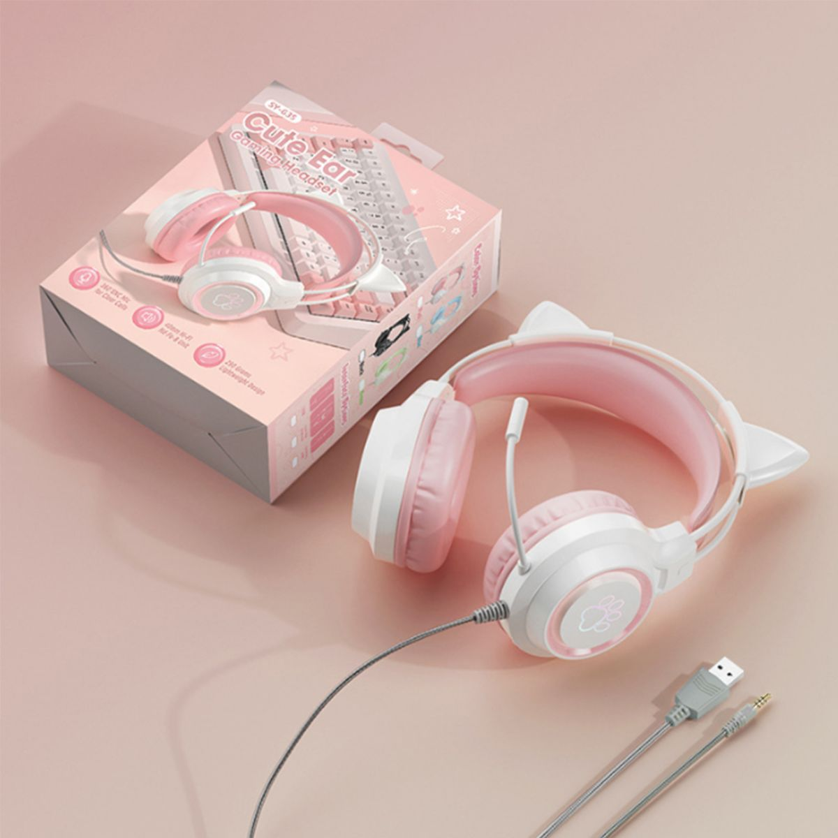 Rosa-weißes Katzenohr-Gaming-Headset mit Box und USB-Kabel.