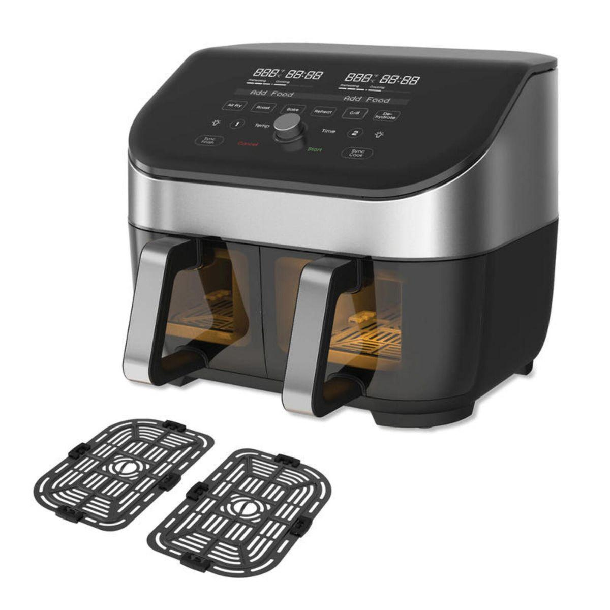 A black and silver air fryer with two cooking compartments, digital display, and two black cooking trays.