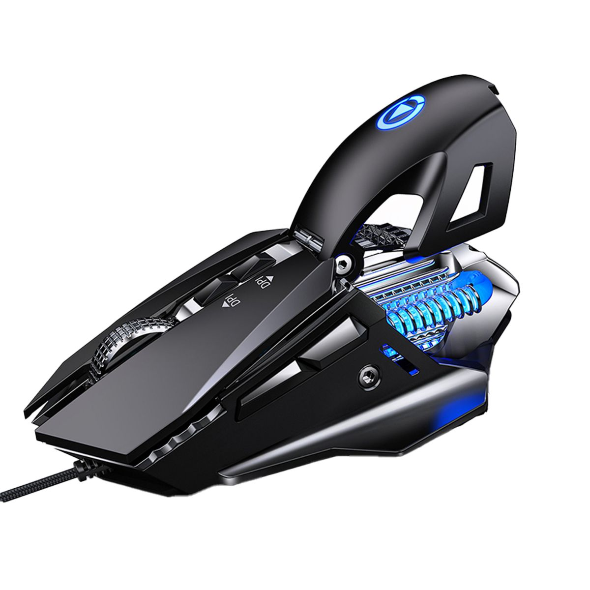 Czarna mysz do gier z niebieskimi światłami i unikalnym designem.