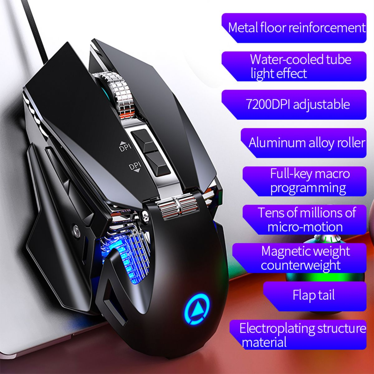 KINSI Hörbar Gaming-Maus, Einstellbare Gaming-Maus, schwarz Kabelgebunden Maus, Coole DPI