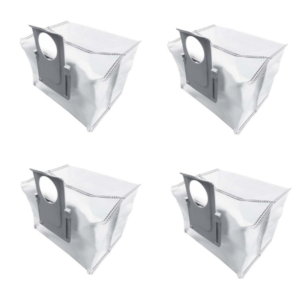 Cztery białe worki do odkurzacza z szarym plastikowym klipsem. Wszystko na białym tle.