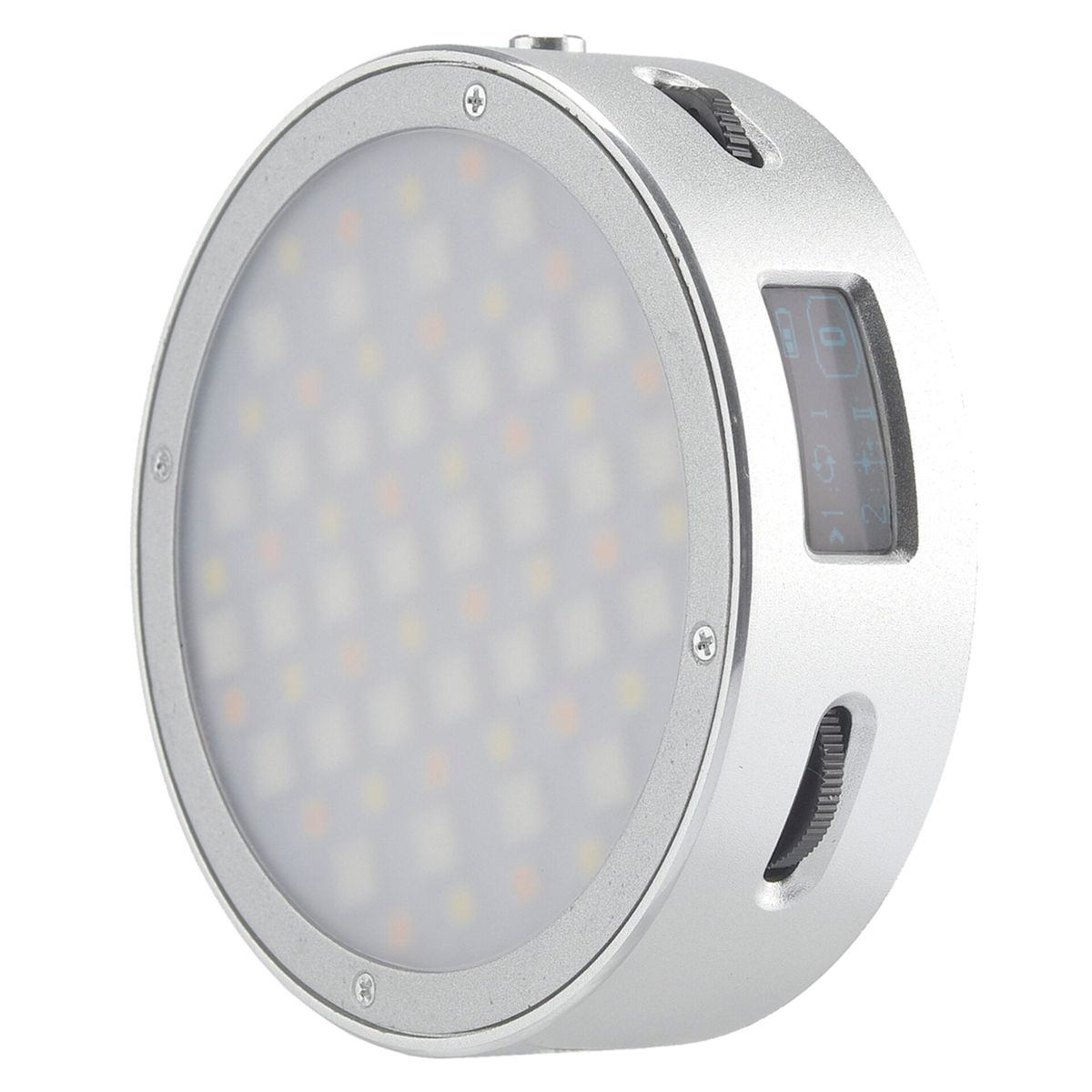 Ein silbernes, kreisförmiges Licht mit LED-Leuchten und einem Display.