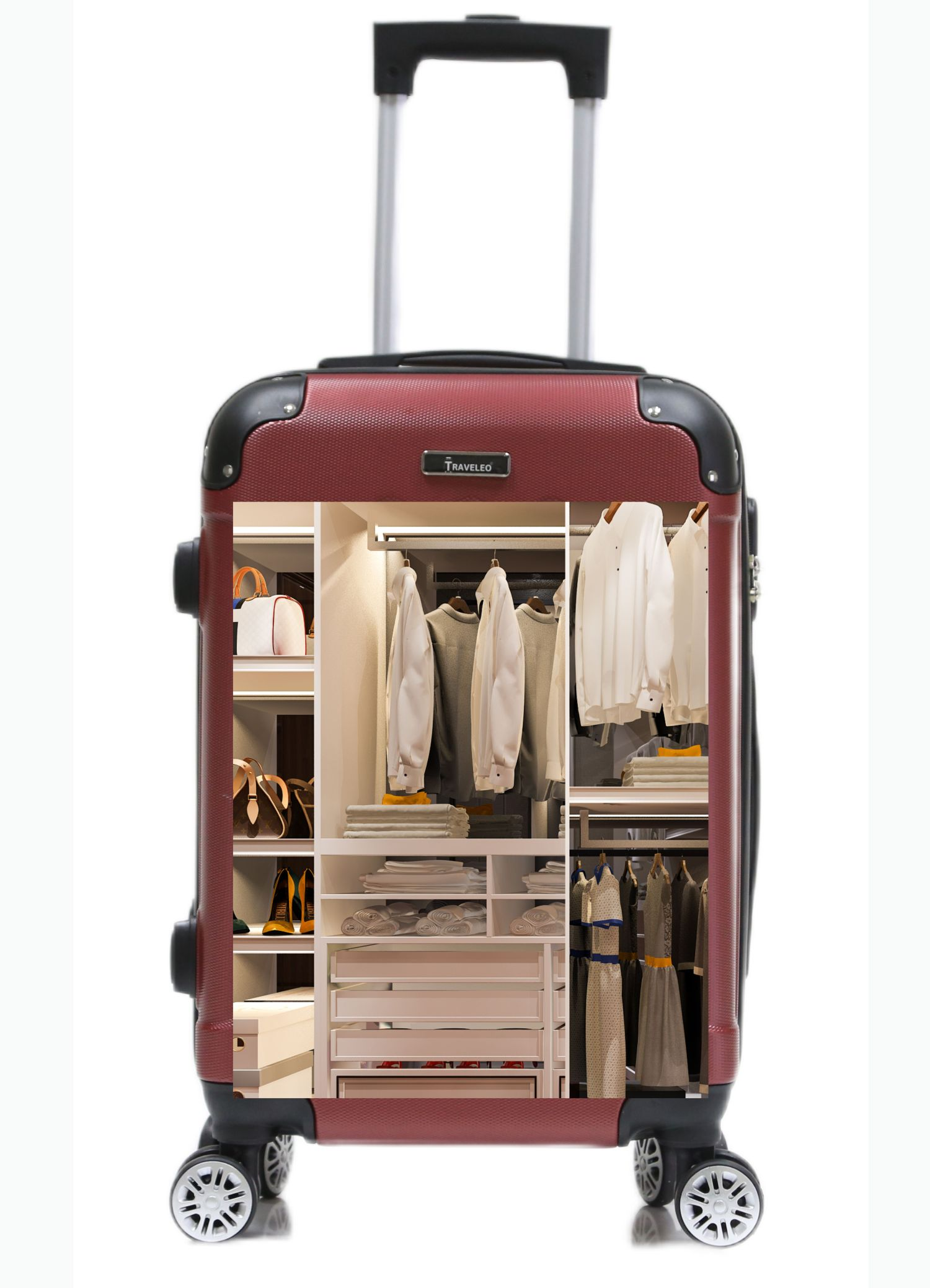 Bordeauxroter Koffer mit Kleiderschrank-Innenausstattung, Kleidung und Accessoires.