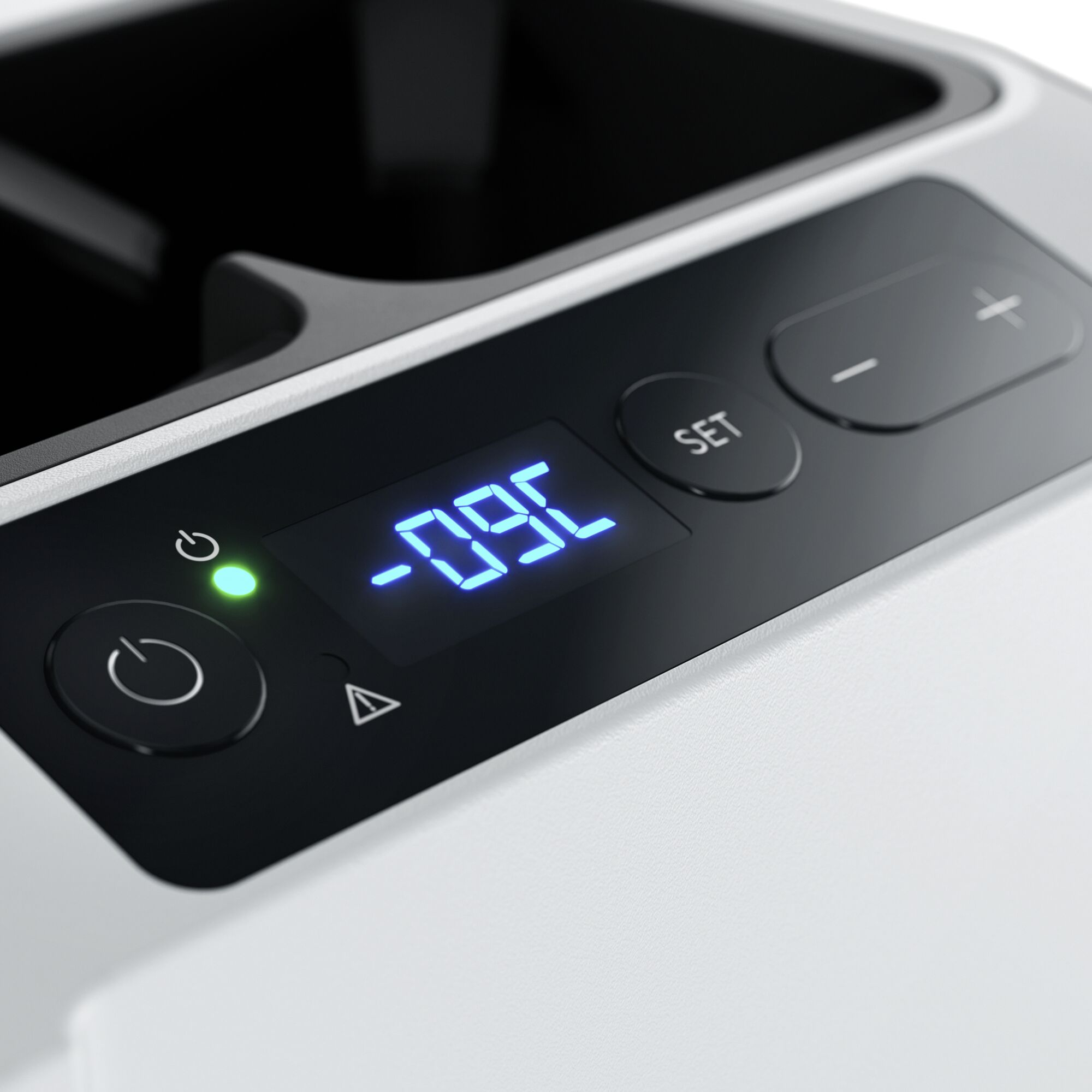 Panel sterowania urządzenia wyświetlający -09C, z przyciskami zasilania i ustawień, na białym tle.