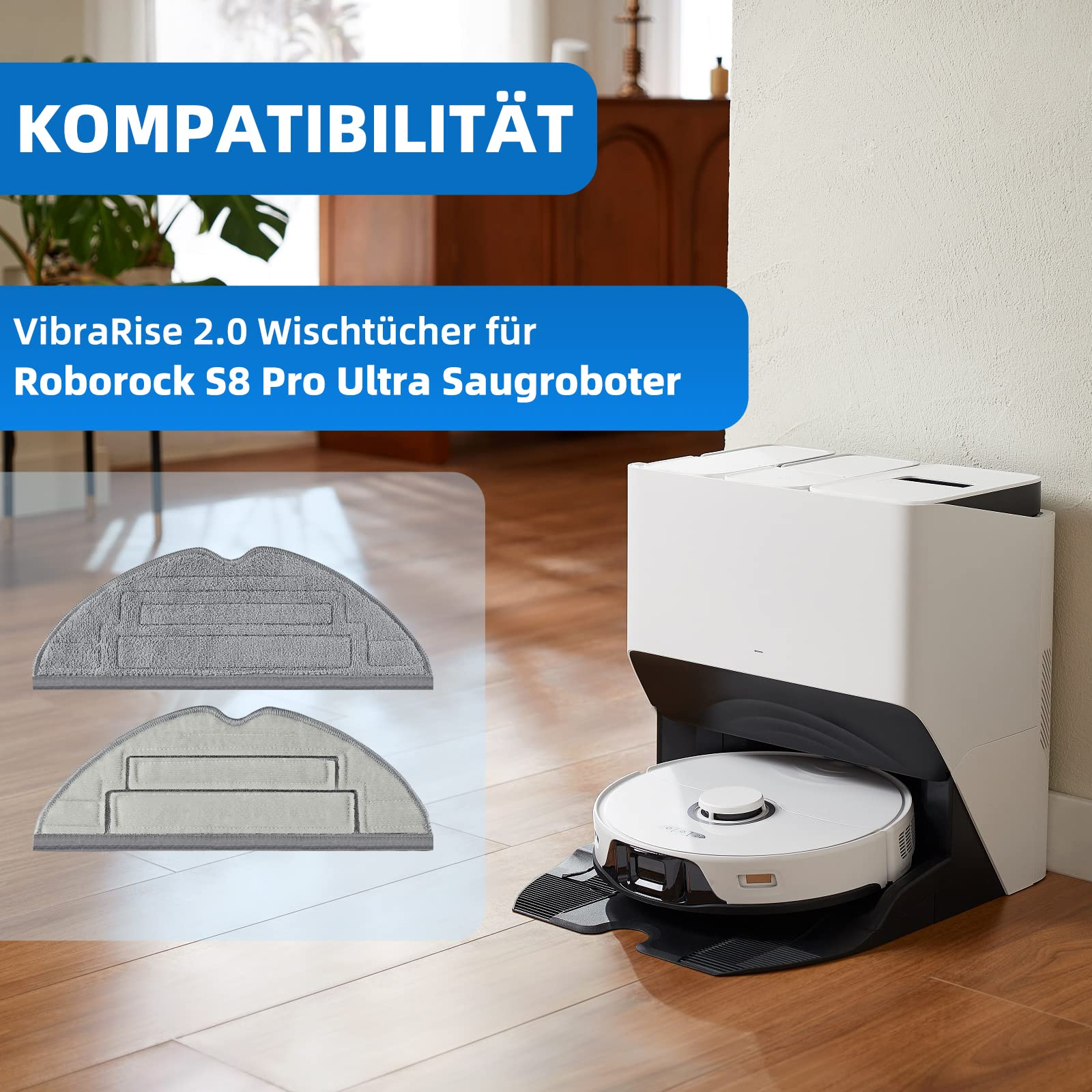 Odkurzacz Roborock S8 Pro Ultra z dwiema szarymi i białymi nakładkami czyszczącymi. Robot jest biały.