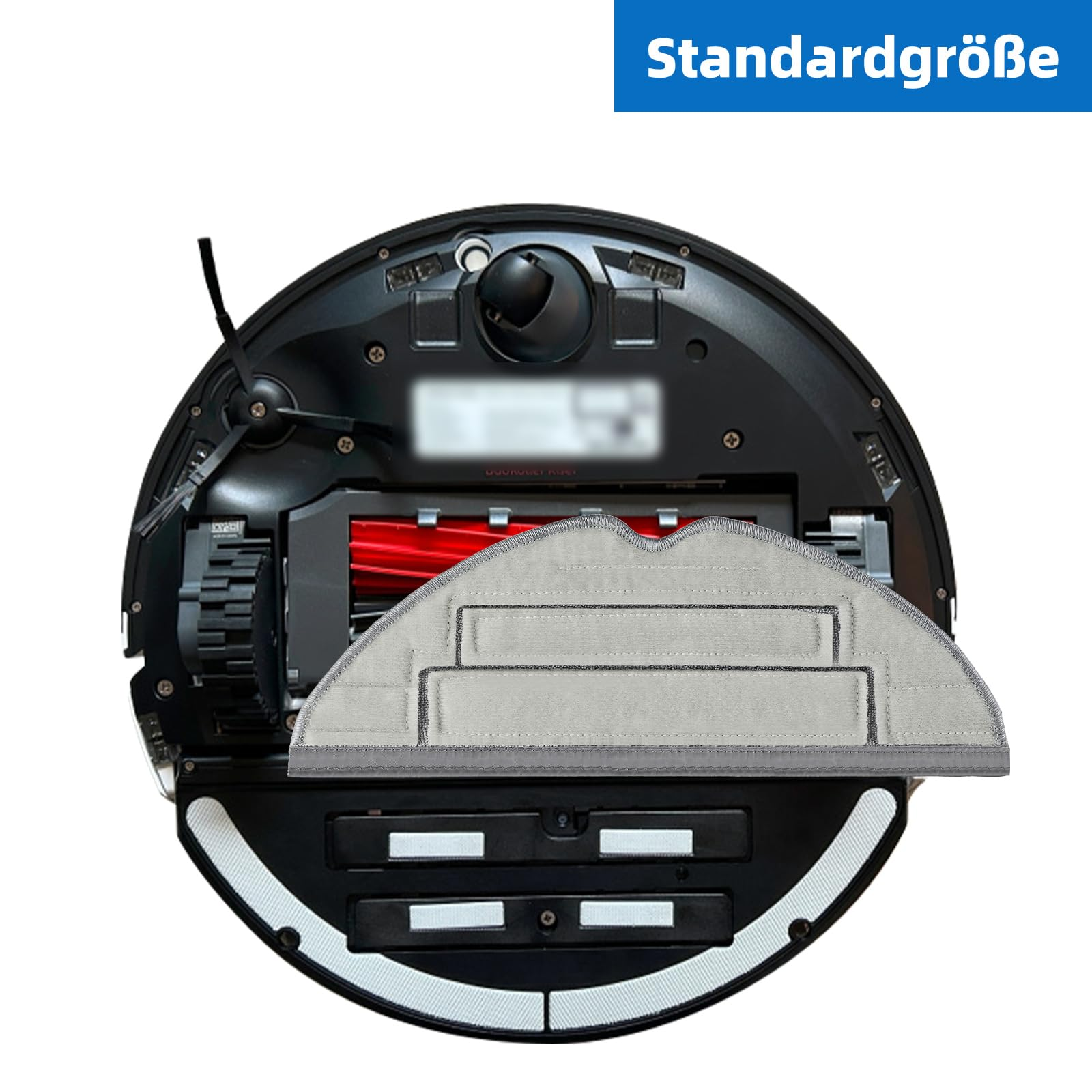 Baza robota odkurzającego. Szara nakładka do mopa, okrągły kształt. Tekst: Standardowy rozmiar.